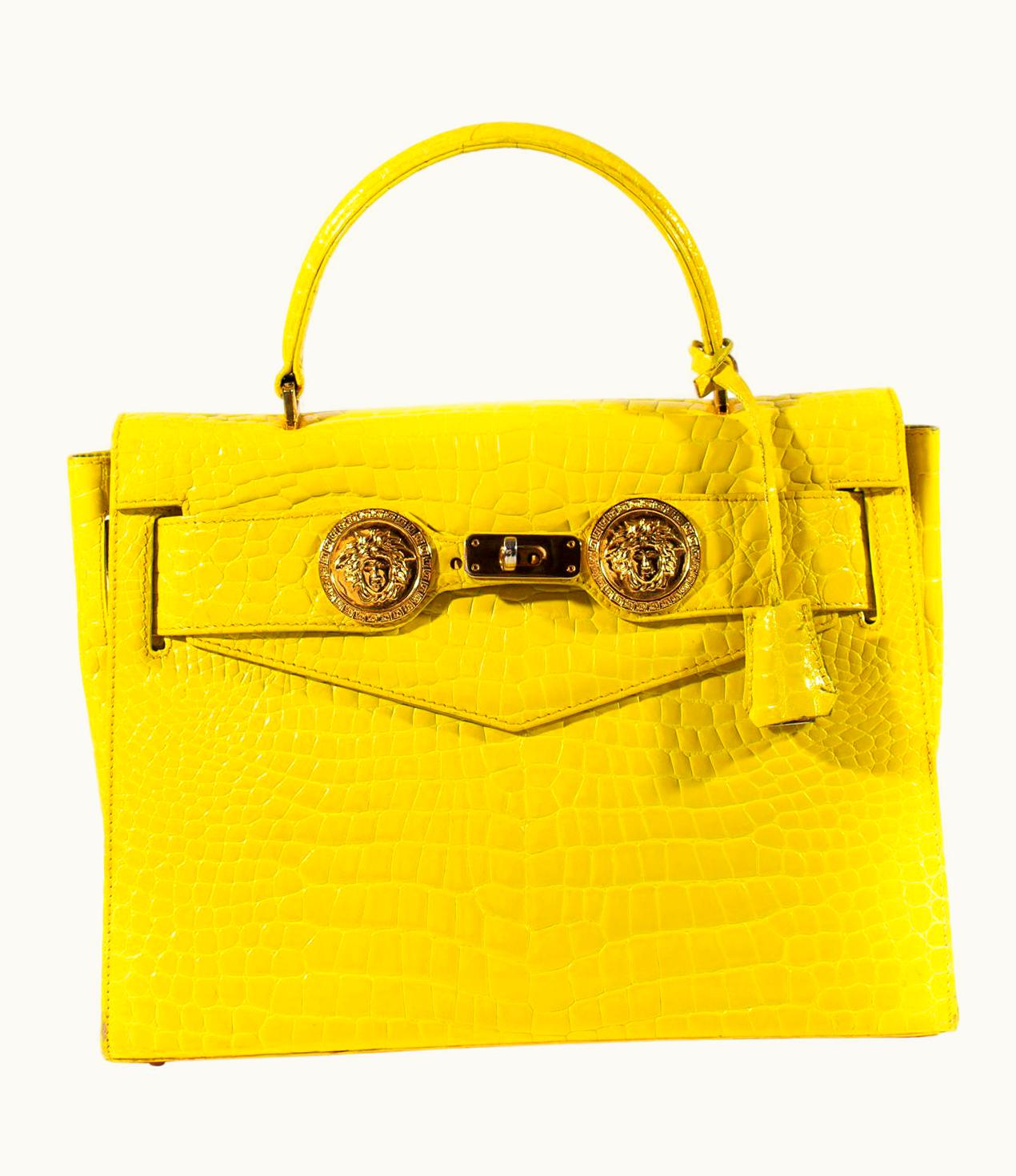 Gianni Versace Couture AW 1994 Gianni Versace Yellow Crocodile Embossed Patent Kelly Style 'Diana' Bag