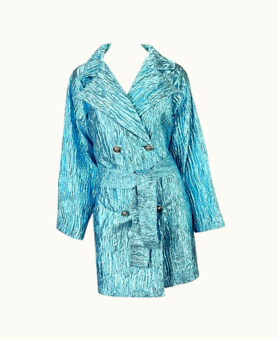 Gianni Versace Couture S/S 1994 Gianni Versace Couture Nwt Blue Metallic Crinkled Lamé Medusa Coat