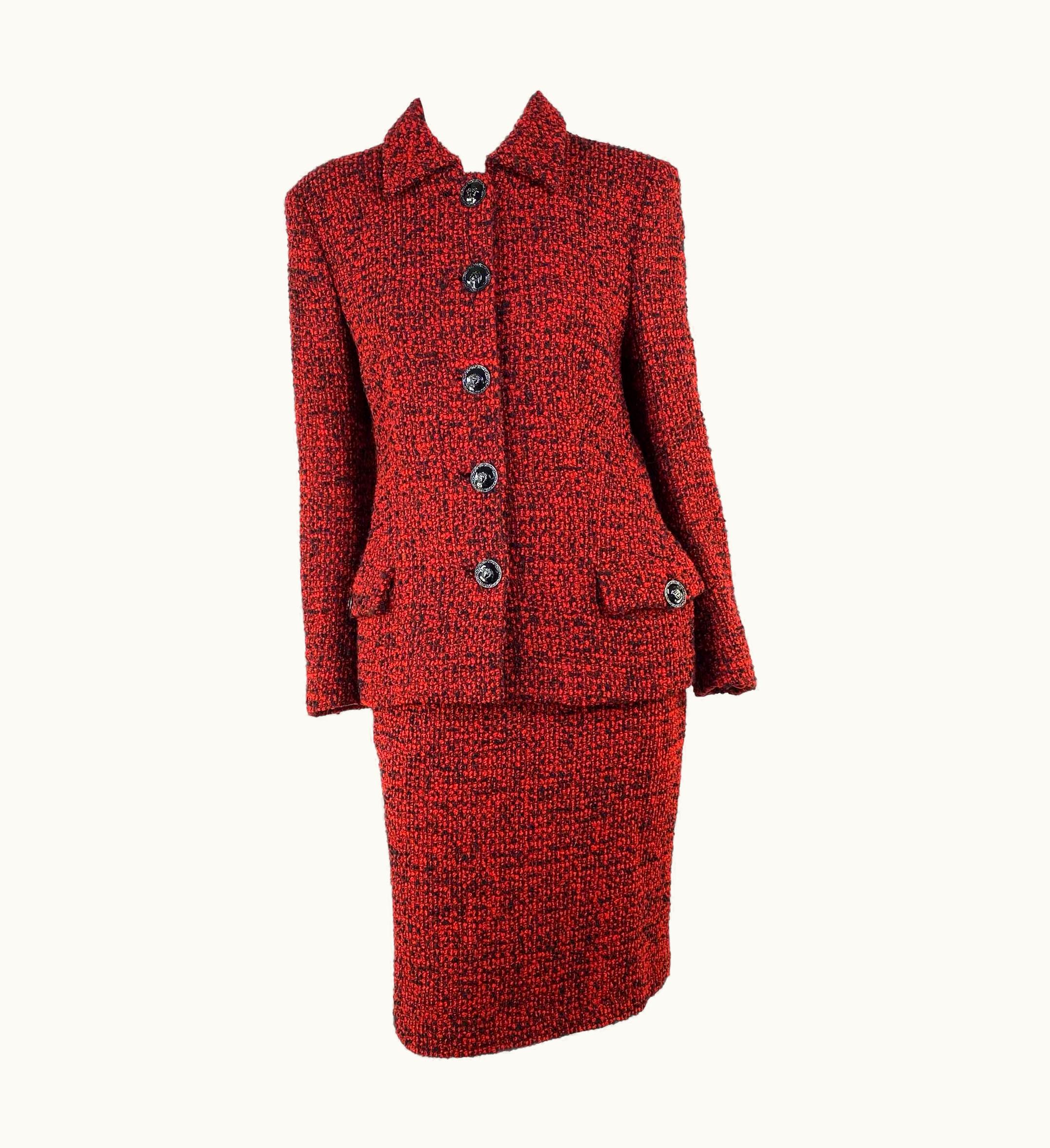 Gianni Versace Couture AW 1995 Gianni Versace Couture Runway Red Bouclé Tweed Skirt Suit Documented