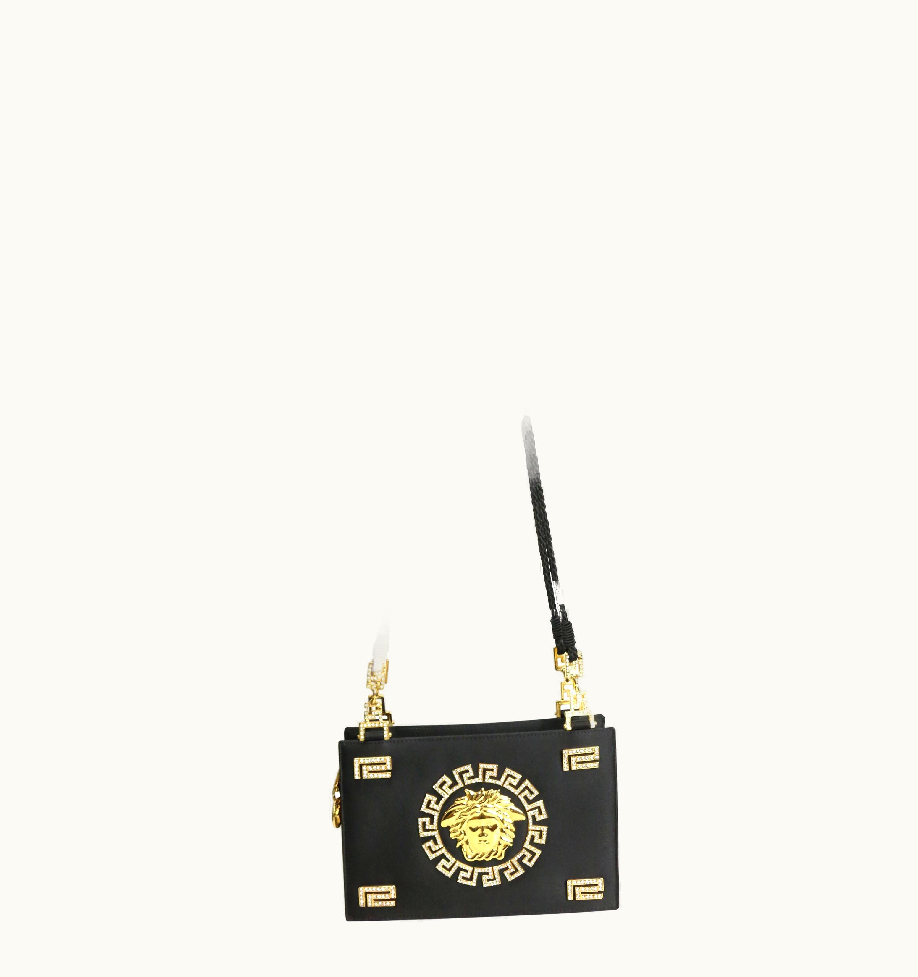 Gianni Versace Couture 90s Gianni Versace Couture Black Satin Gold And Rhinestone Medusa Shoulder Bag