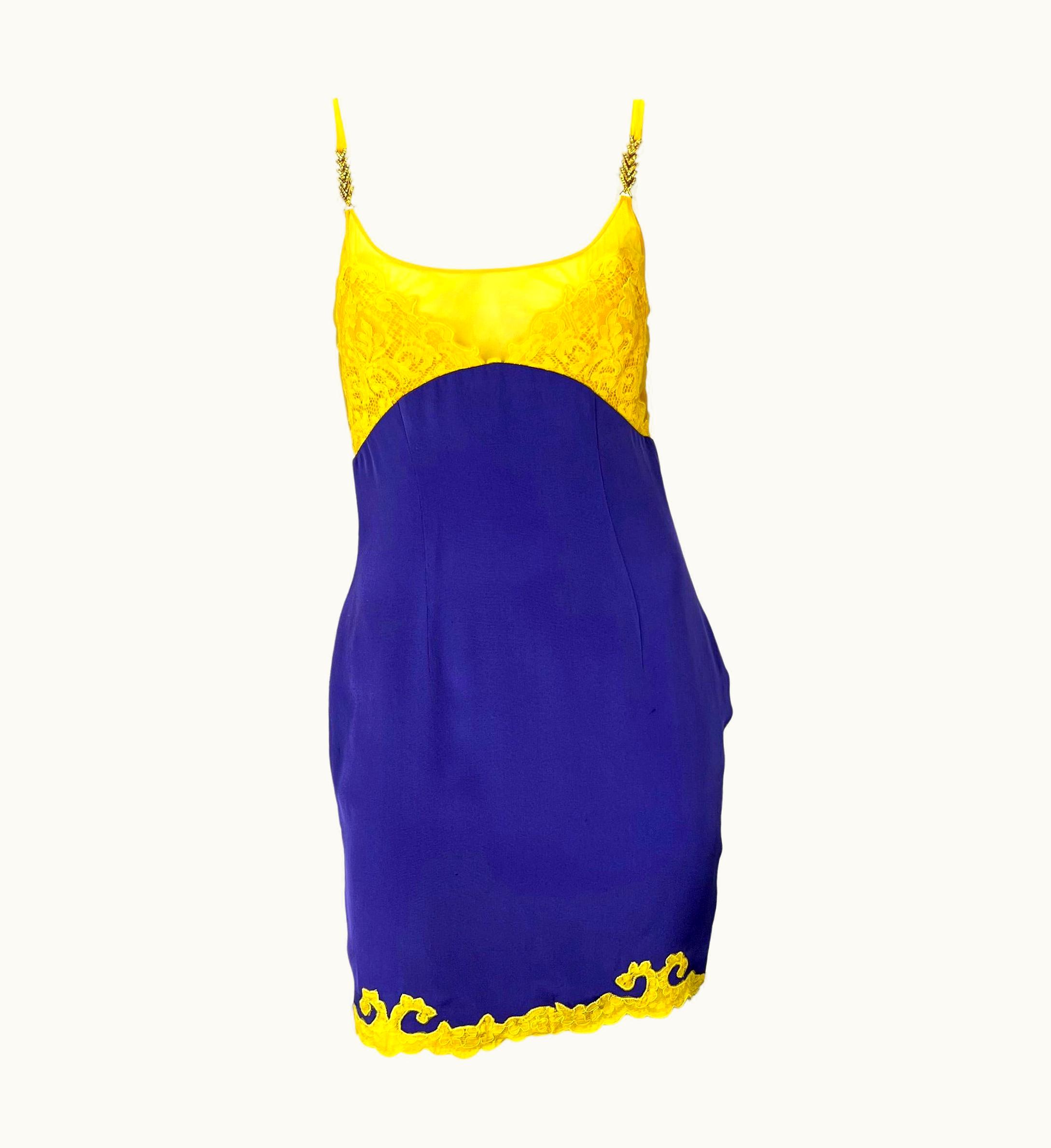 Gianni Versace Couture AW 1996 Gianni Versace Couture Purple Satin Yellow Lace Rhinestone Slip Dress