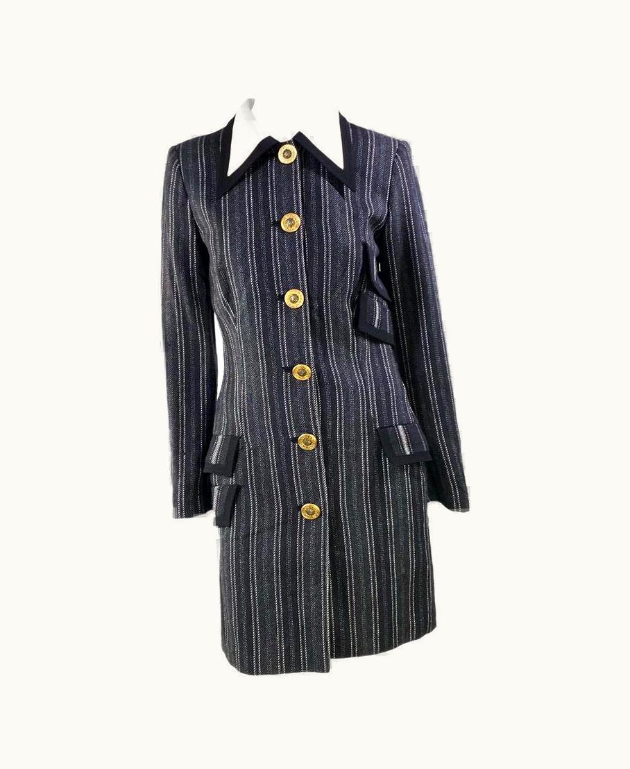 Gianni Versace Couture AW 1993 Gianni Versace Couture Grey Stripe Collared Medusa Button Dress Coat