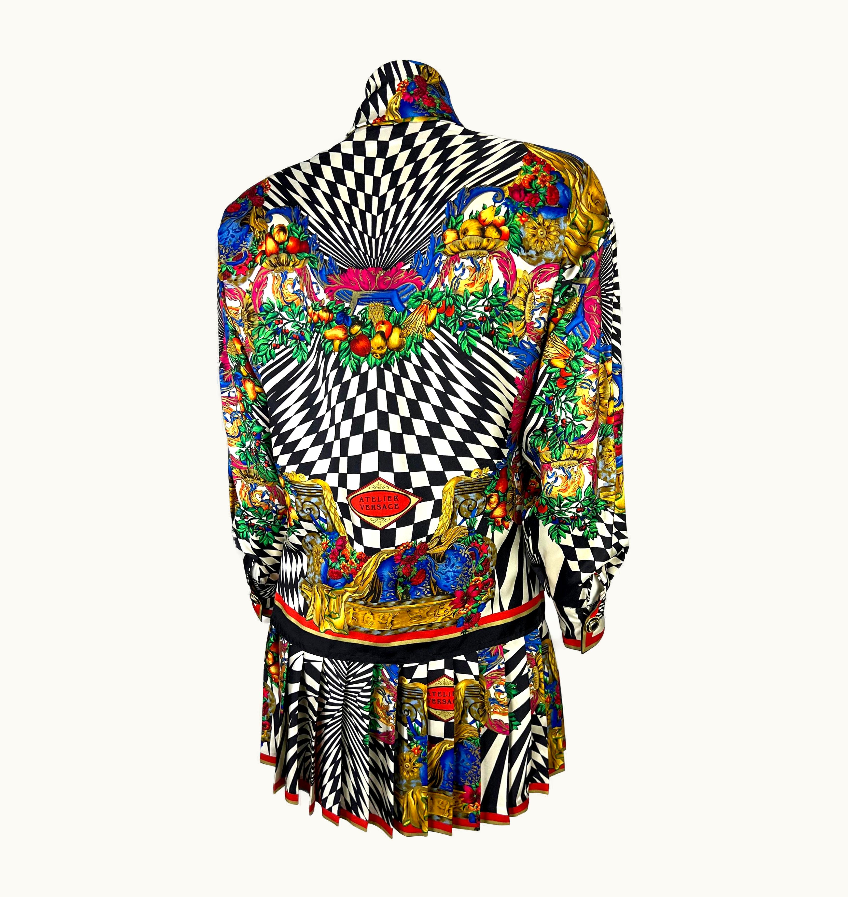 Gianni Versace Couture AW 1991 Gianni Versace Couture Op Art Atelier Print Pleated Skirt Blouse Set