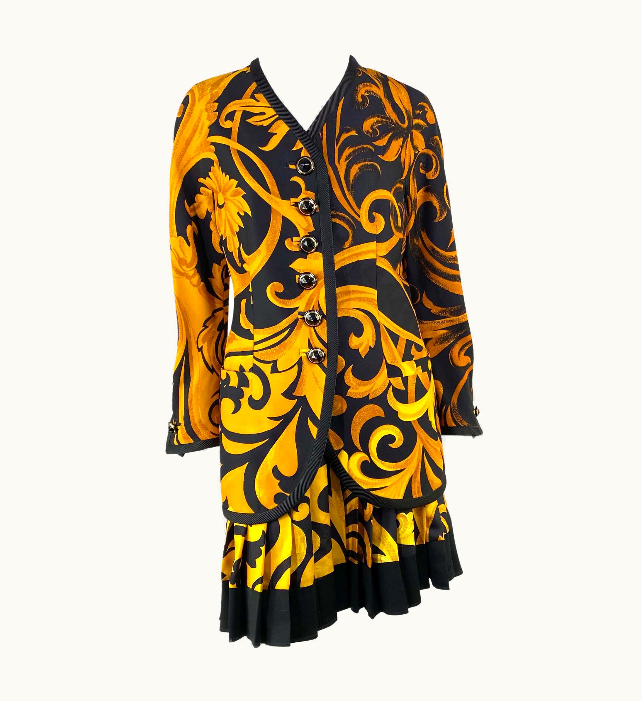 Gianni Versace Couture AW 1991 Gianni Versace Couture Black Gold Baroque Print Silk Pleated Skirt Suit