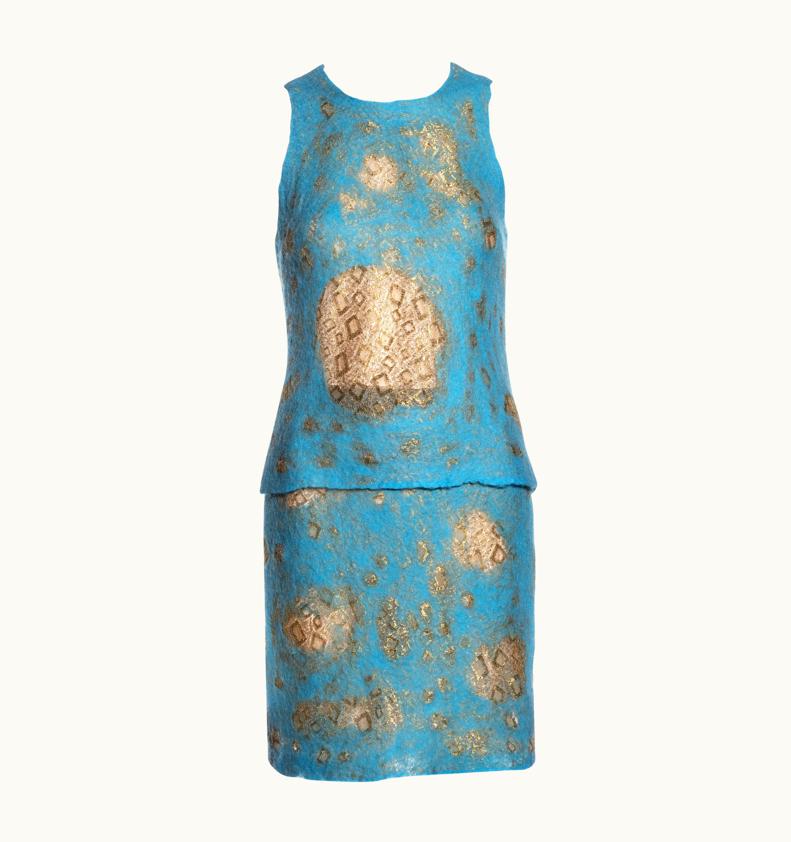 Gianni Versace Couture Gianni Versace Aqua Blue Felted Wool And Gold Lace Top And Skirt Set, S/S 1999