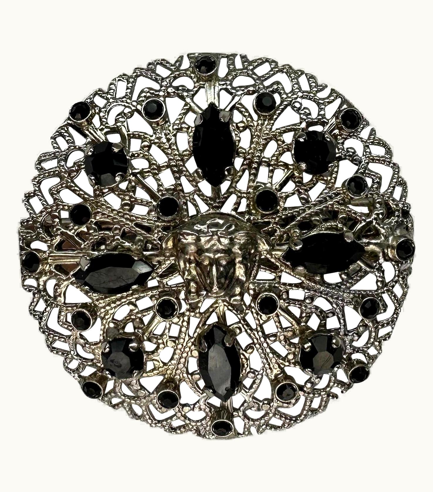 Gianni Versace Couture AW 1998 Gianni Versace By Donatella Silver Tone Round Black Crystal Hair Clip