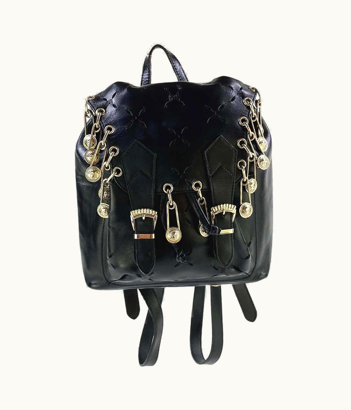Gianni Versace Couture S/S 1994 Gianni Versace Safety Pin Cut Out Black Leather Mini Runway Backpack