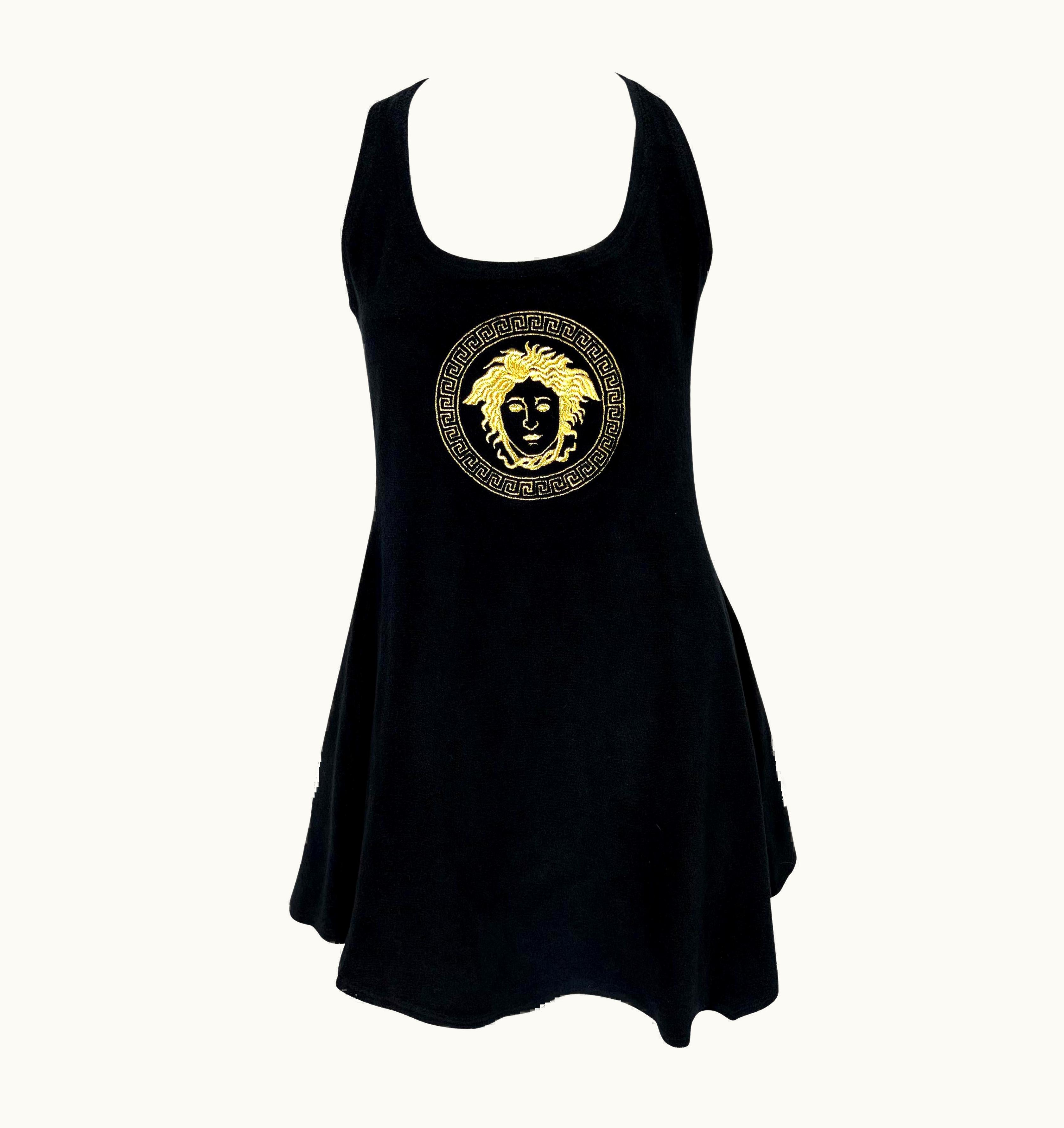 Gianni Versace Couture S/S 1995 Gianni Versace Medusa Embroidered Terry Cloth Black Flare Mini Dress