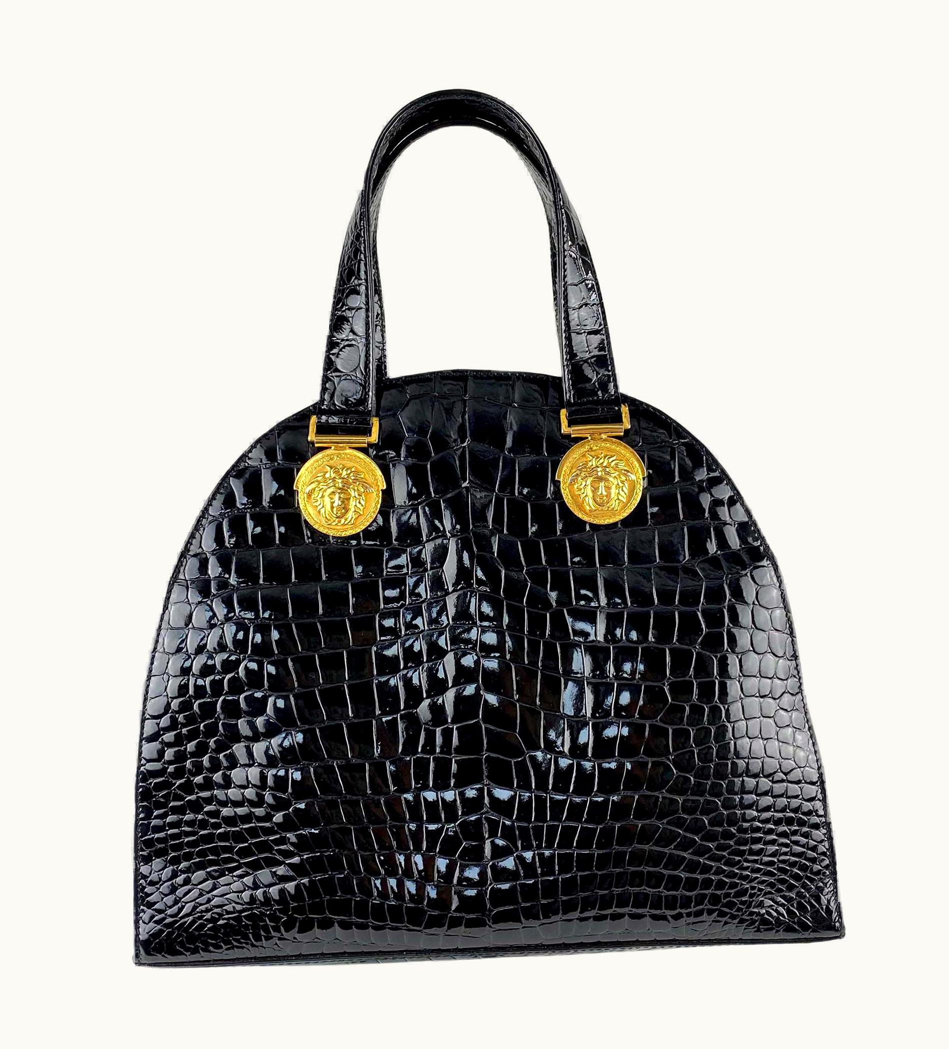 Gianni Versace Couture AW 1992 Gianni Versace 'Miss &m' Croc Embossed Medusa Medallion Dome Bag