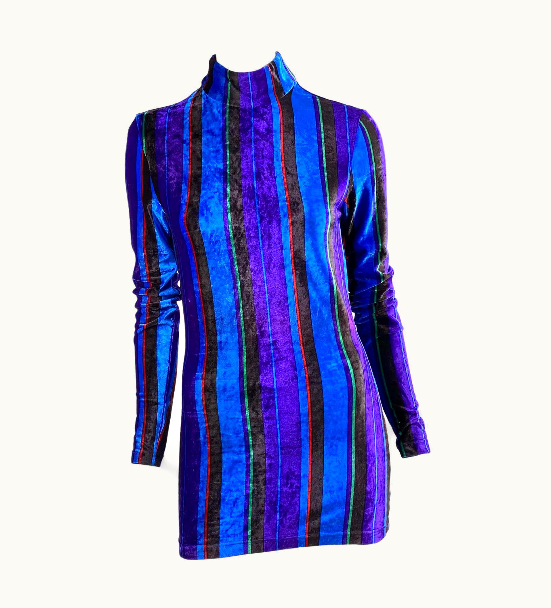 Gianni Versace Couture AW 1993 Gianni Versace Couture Blue Purple Green Red Stripe Velvet Mini Dress