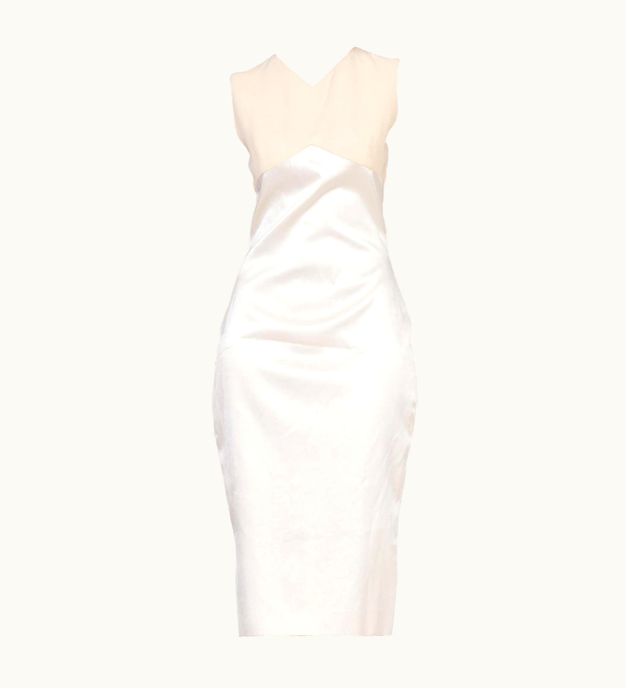 Gianni Versace Couture 1990s Gianni Versace Cream Silk Satin Sharply Fitted Dress With Stretch Wool At