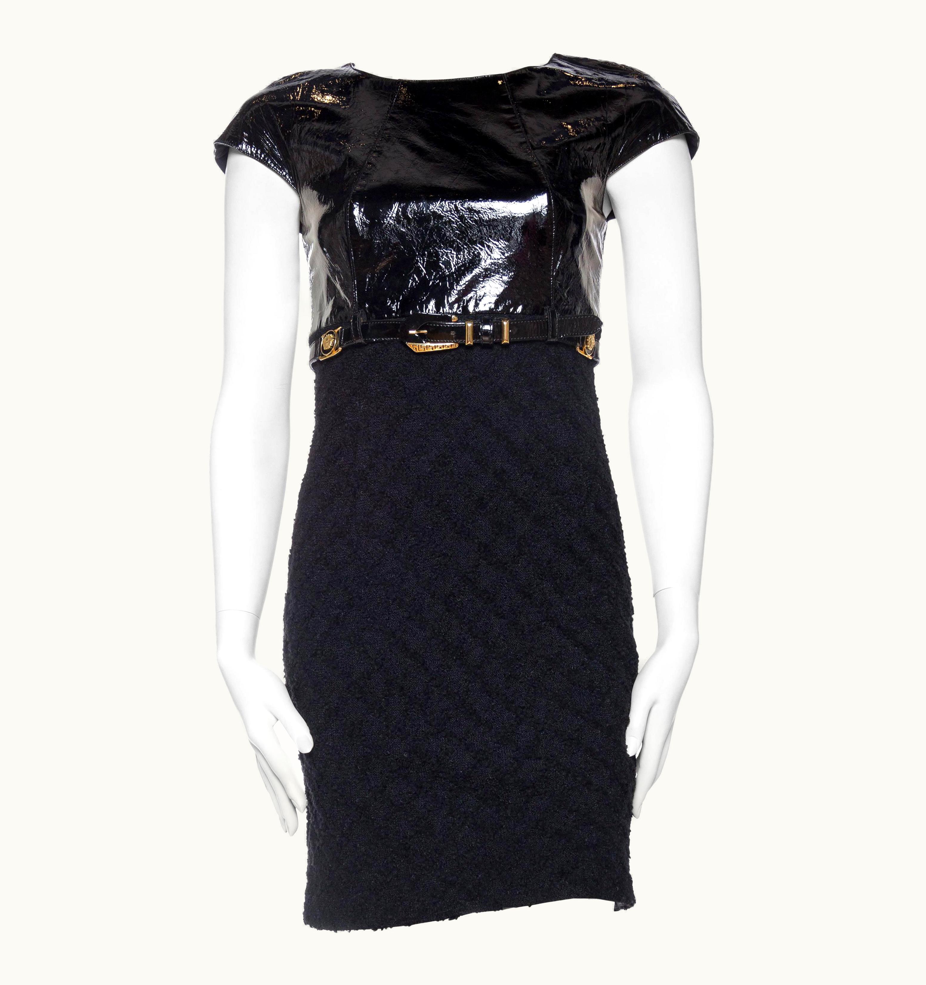 Gianni Versace Couture 1990s Gianni Versace Black Wool Boucle & Patent Leather Bias Cut Dress 1992 Bon