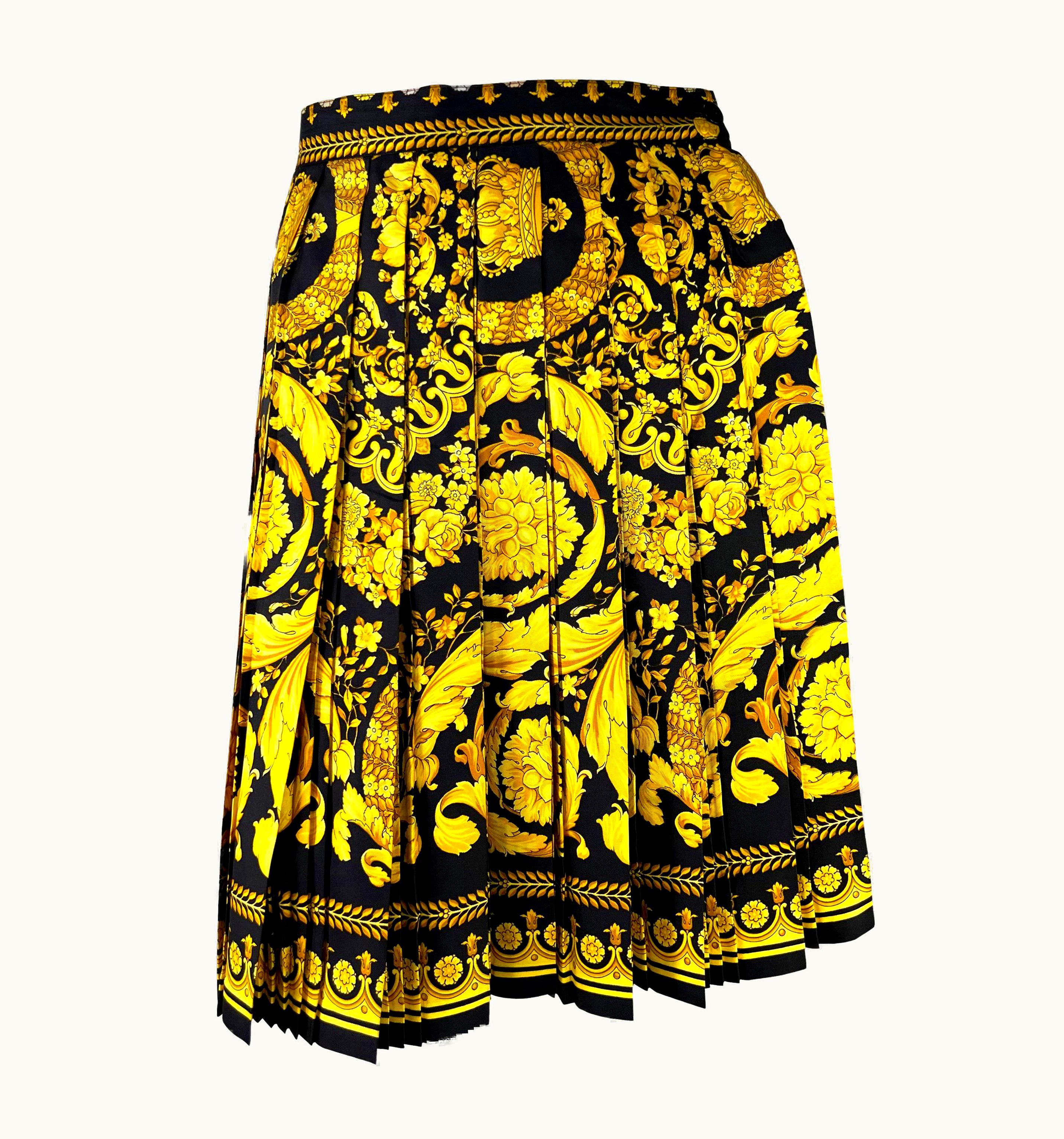 Gianni Versace Couture S/S 1992 Gianni Versace Couture Black Gold Baroque Print Pleated Skirt