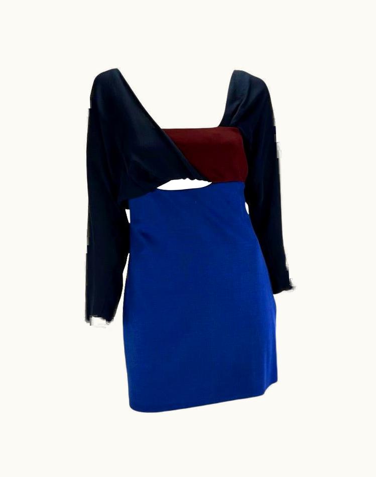 Gianni Versace Couture AW 1997 Gianni Versace Couture Runway Blue Red Color-Block Long Sleeve Dress