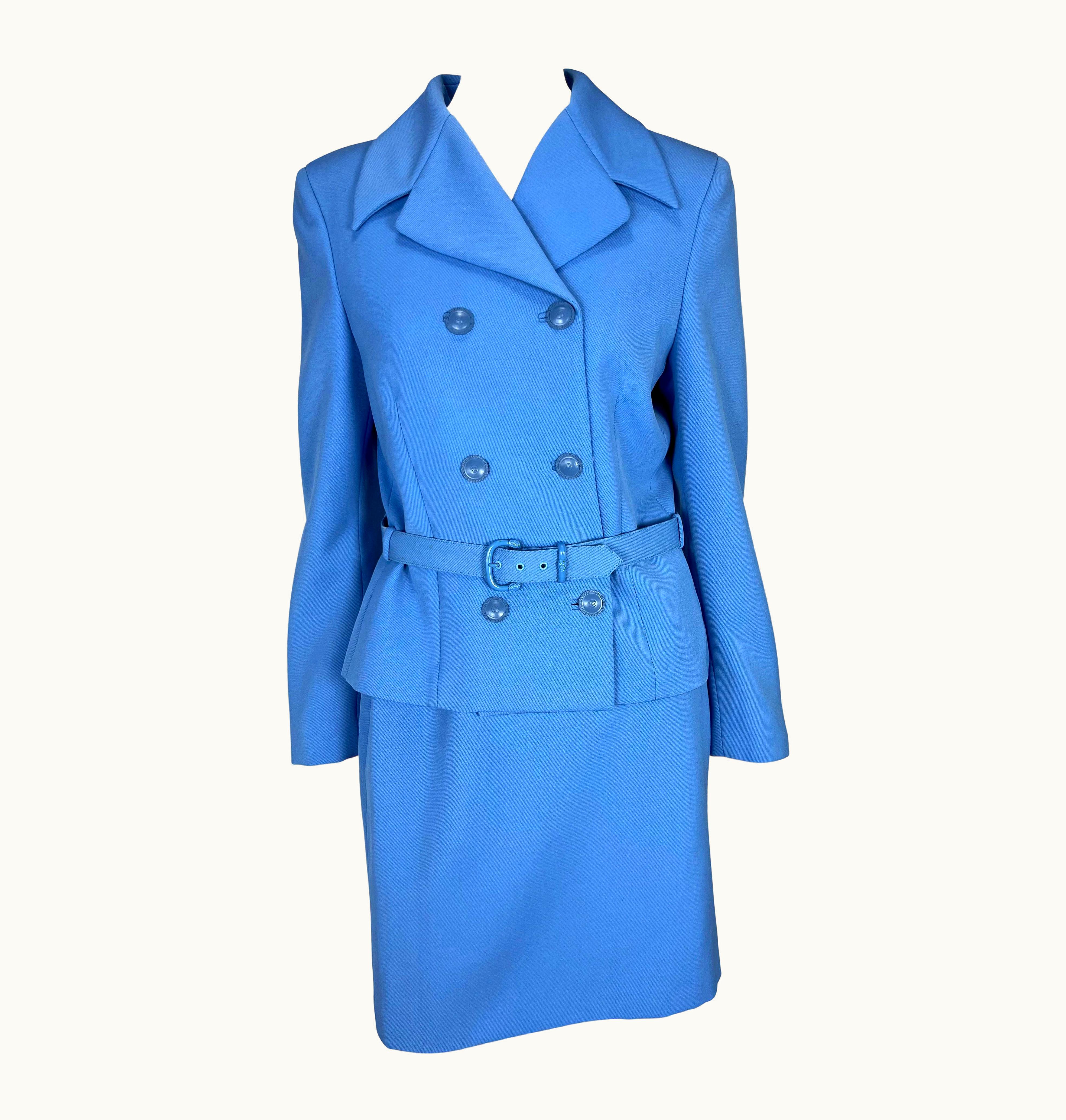 Gianni Versace Couture AW 1996 Gianni Versace Couture Runway Baby Blue Medusa Wool Belted Skirt Suit