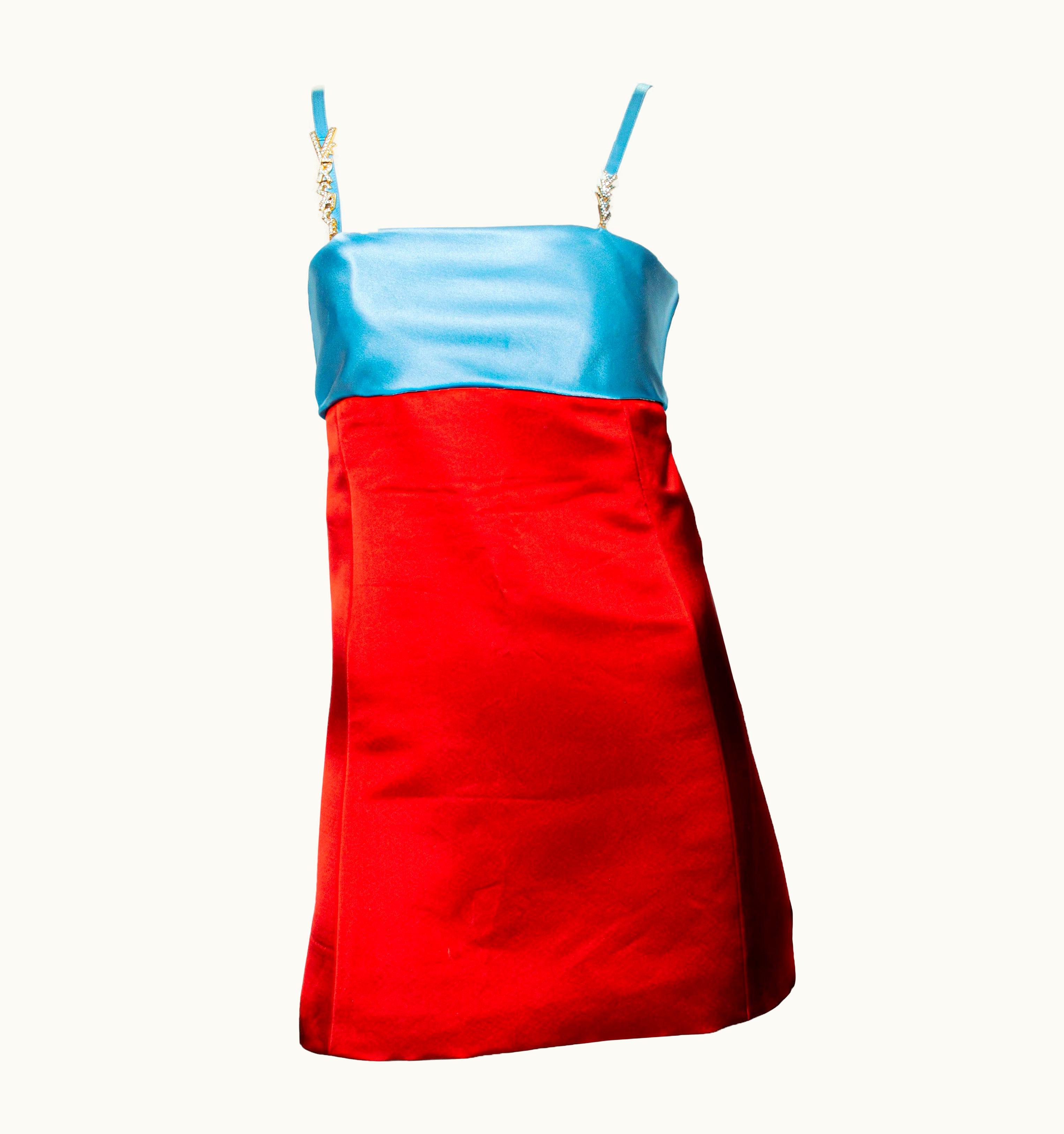 Gianni Versace Couture AW 1996 Gianni Versace Satin Red & Blue Mini Dress With Rhinestone Logo Straps