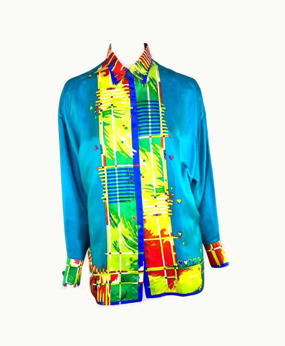 Gianni Versace Couture S/S 1997 Gianni Versace Couture Blue Silk Pop Art Heart Medusa Button Top