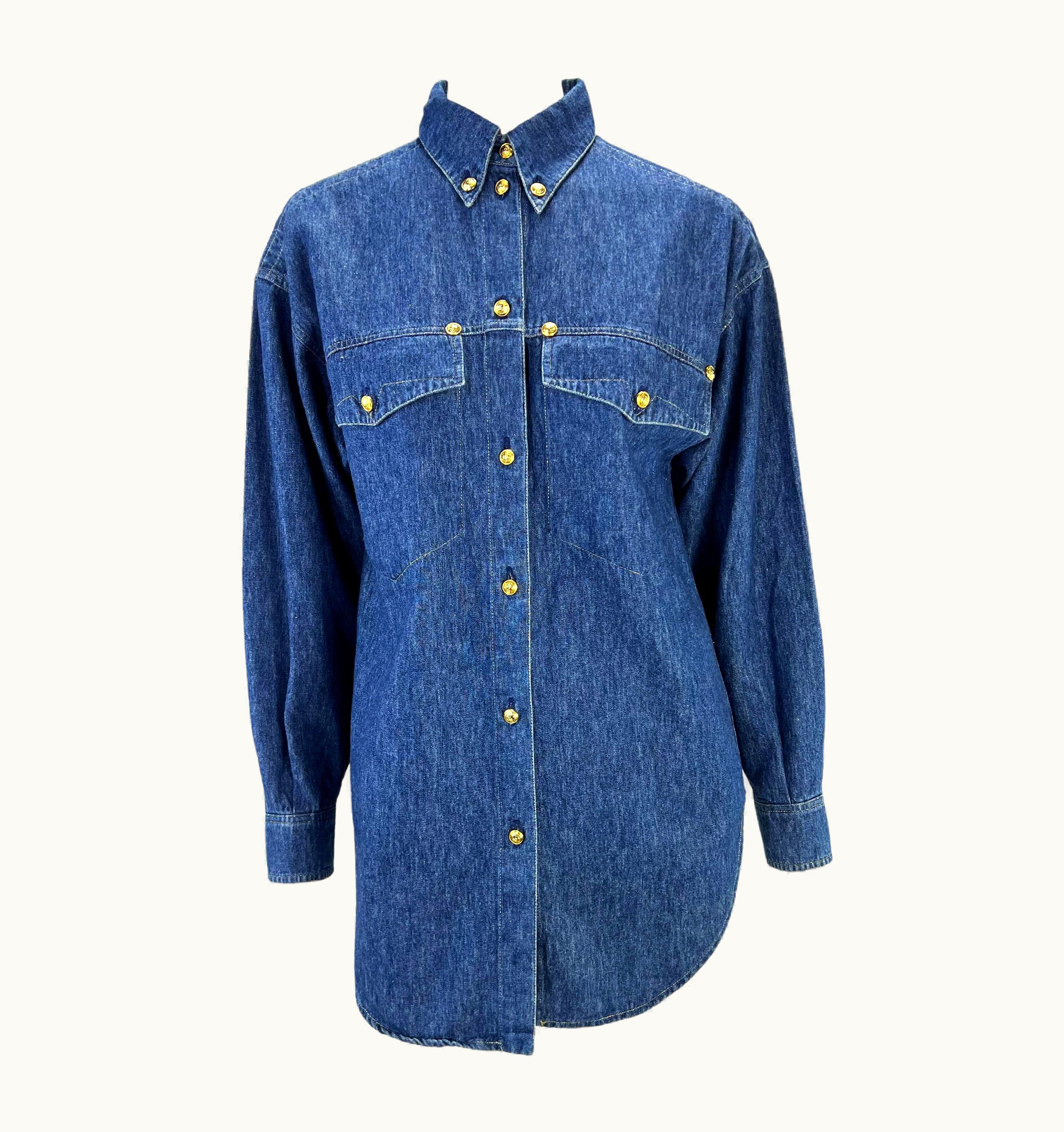 Gianni Versace Couture S/S 1992 Gianni Versace Runway Ad Gold Medusa Blue Jean Denim Button Down Top