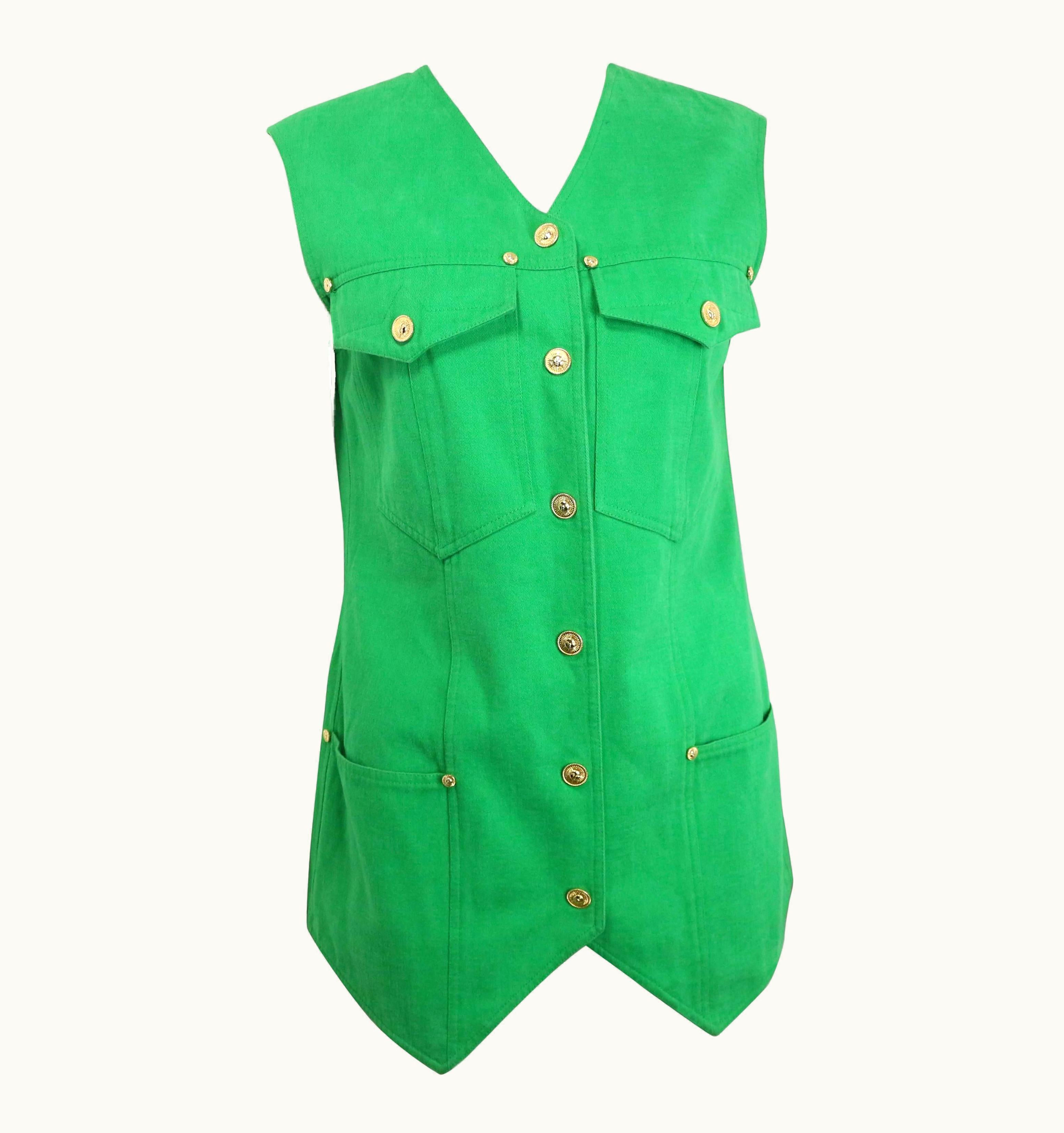 Gianni Versace Couture 90s Gianni Versace Jeans Couture Green Cotton Collarless Vest