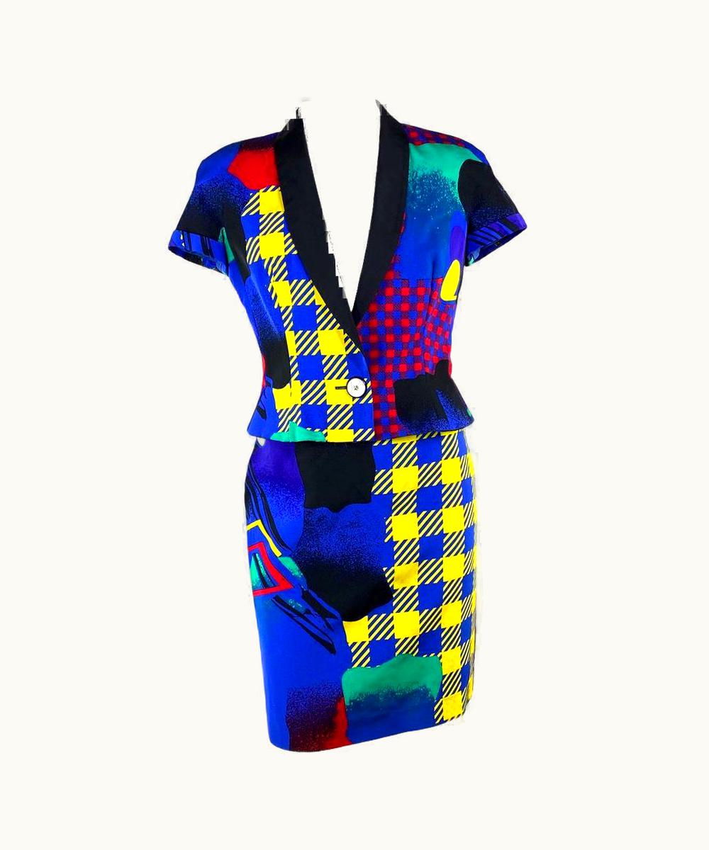 Gianni Versace Couture S/S 1991 Gianni Versace Couture Electric Blue Pop Art Short-Sleeve Skirt Suit