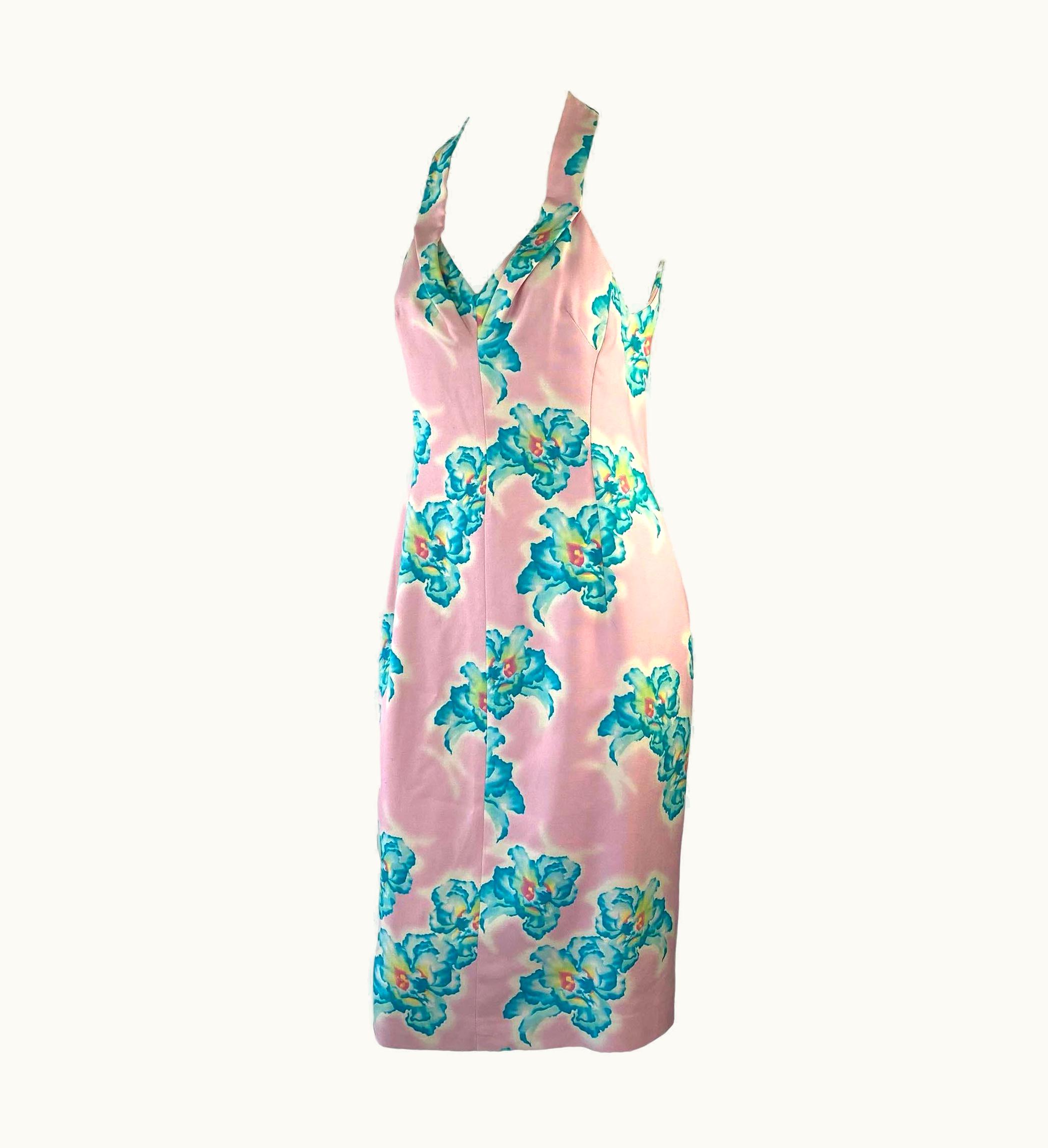 Gianni Versace Couture S/S 1999 Gianni Versace By Donatella Pink Halter Neck Blue Floral Dress