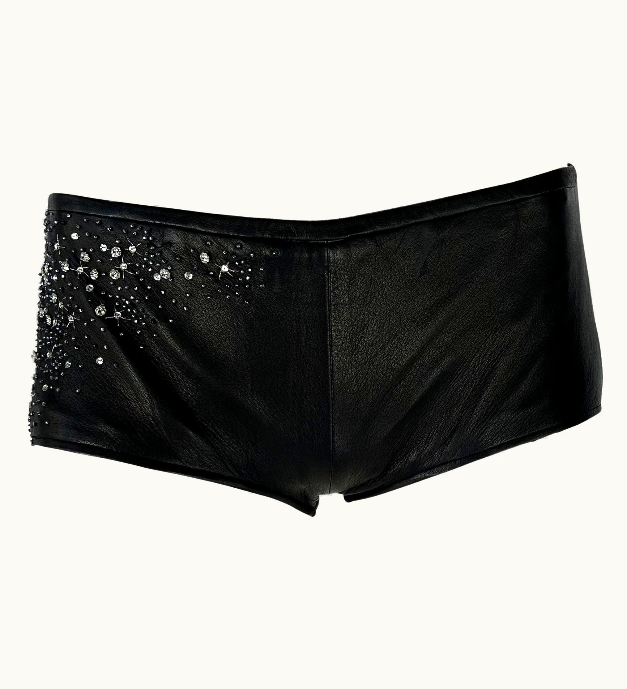 Gianni Versace Couture S/S 1998 Gianni Versace By Donatella Runway Star Beaded Black Leather Hot Pants