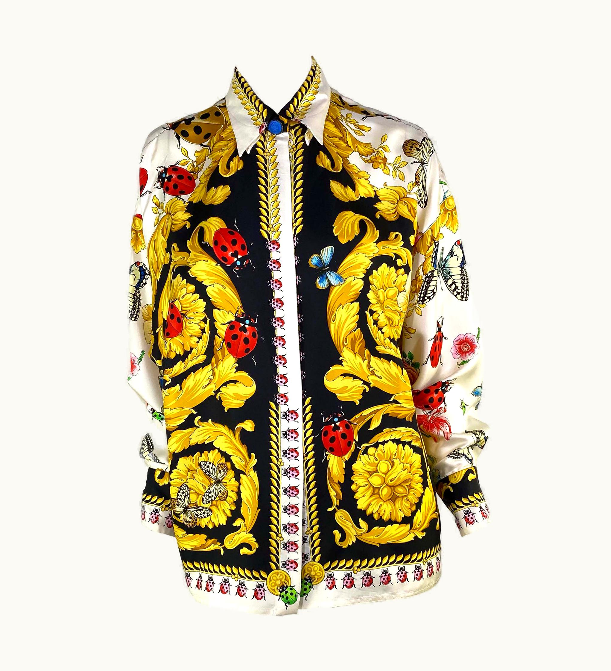 Gianni Versace Couture S/S 1995 Gianni Versace Couture Lady Bug Garden Baroque Print Button Up Silk Top