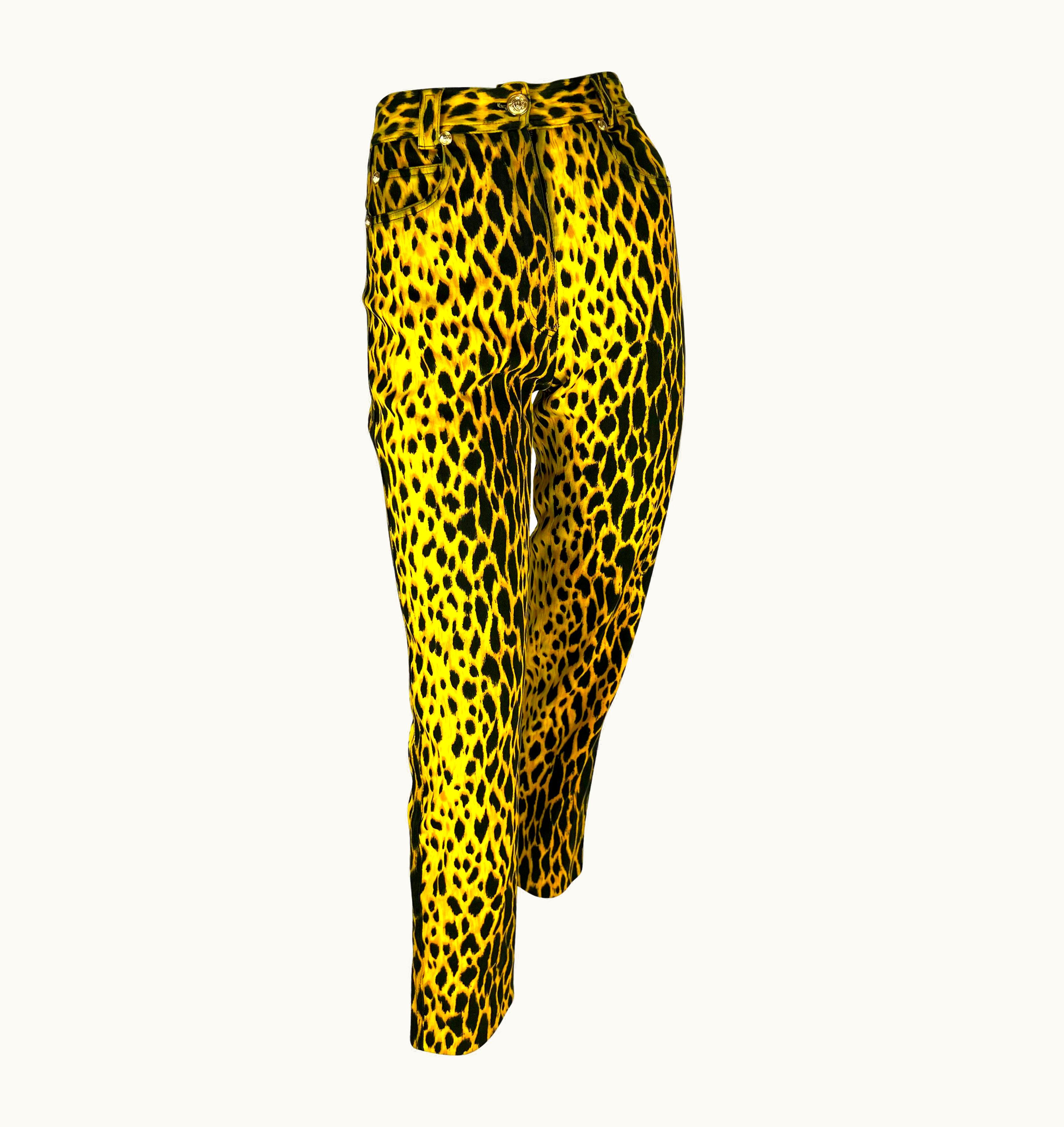 Gianni Versace Couture S/S 1992 Gianni Versace Runway Cheetah Print Yellow Black Cotton Stretch Jeans UZ0578489