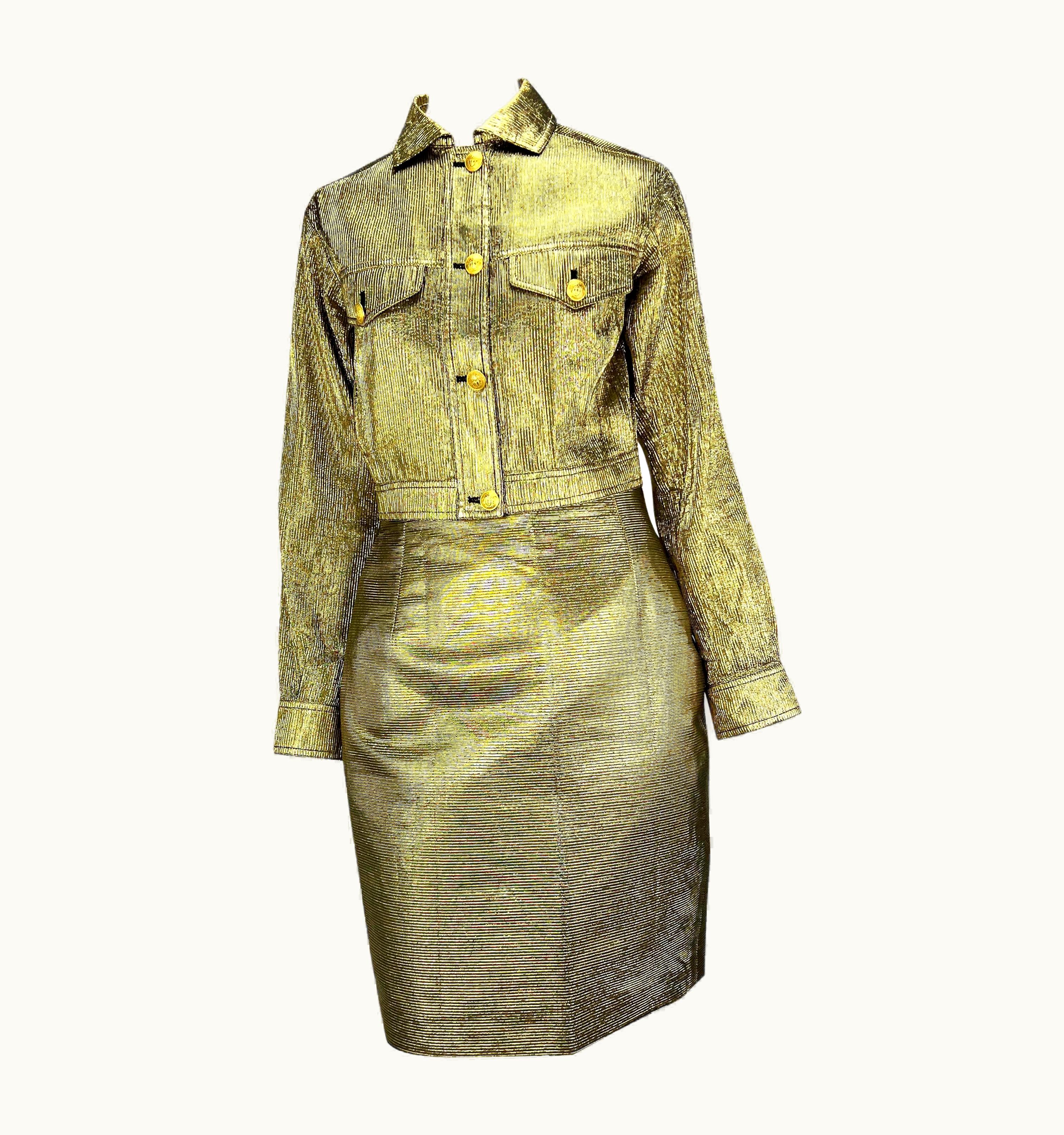 Gianni Versace Couture AW 1994 Gianni Versace Gold Ribbed Lurex Medusa Skirt Cropped Jacket Set