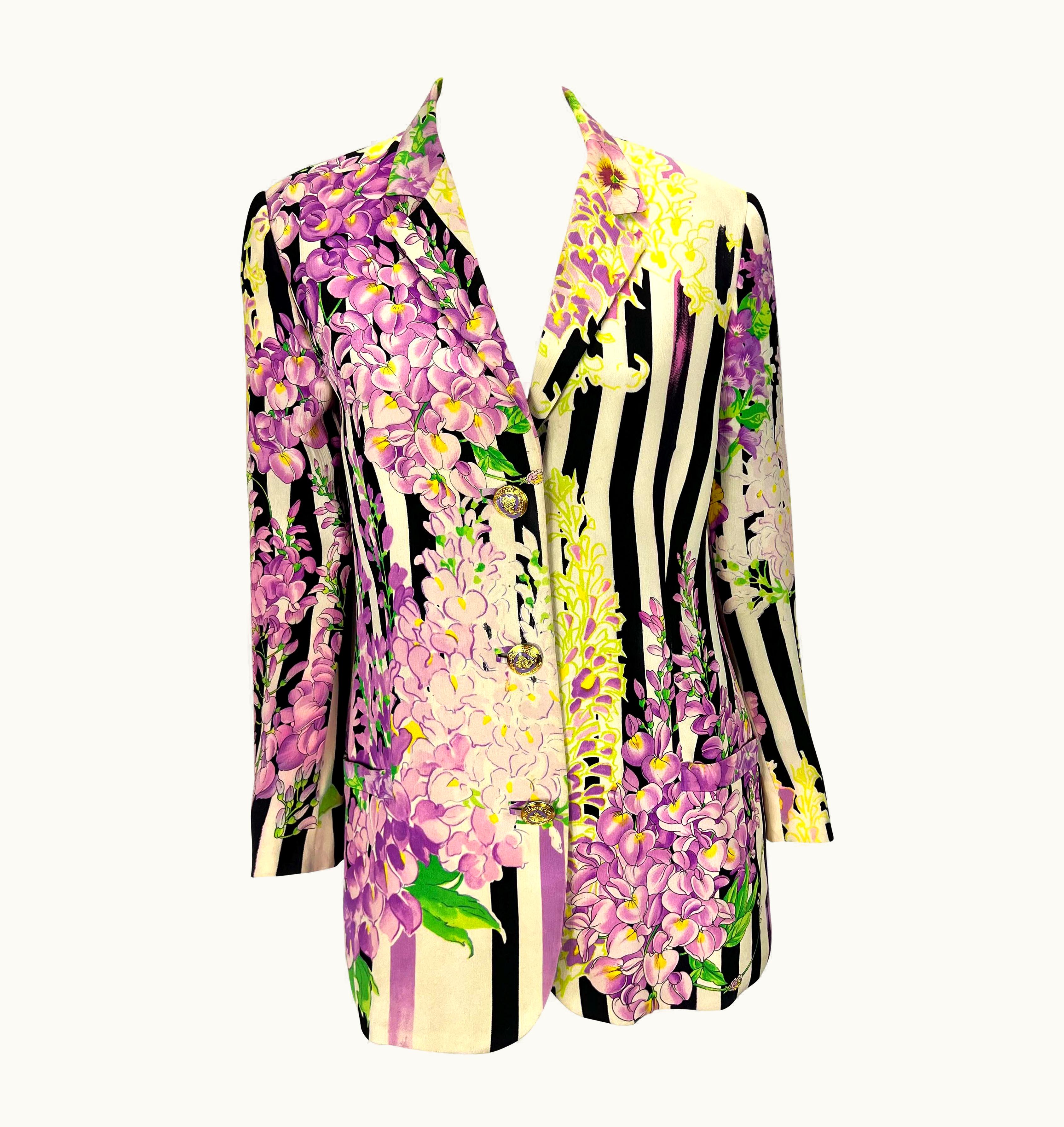 Gianni Versace Couture S/S 1994 Gianni Versace Couture Purple White Floral Silk Printed Blazer Jacket