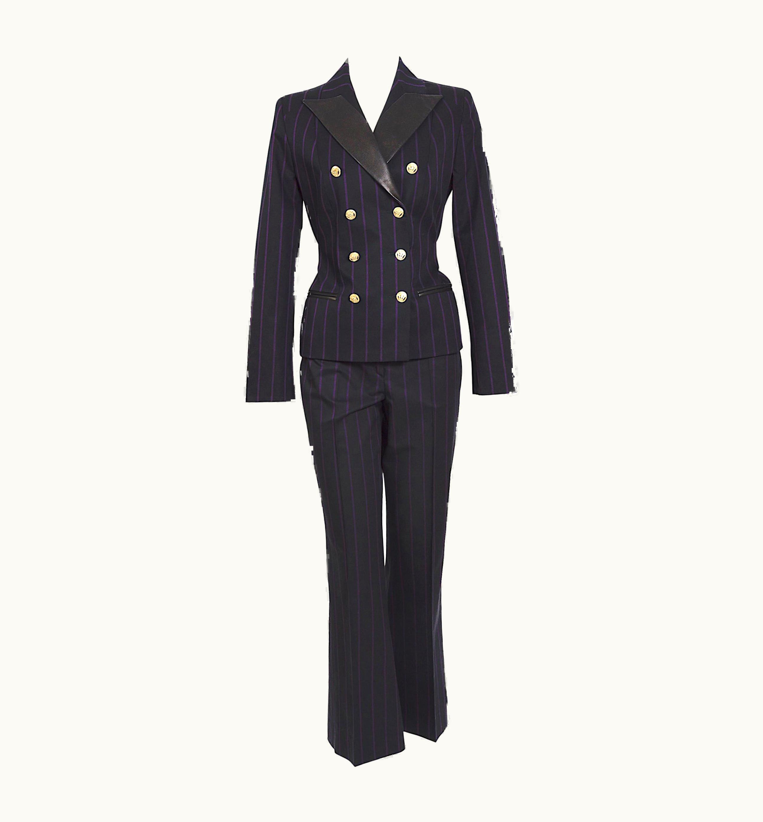 Gianni Versace Couture Vintage 1990s Gianni Versace Striped Black Wool/silk & Leather Detail Suit