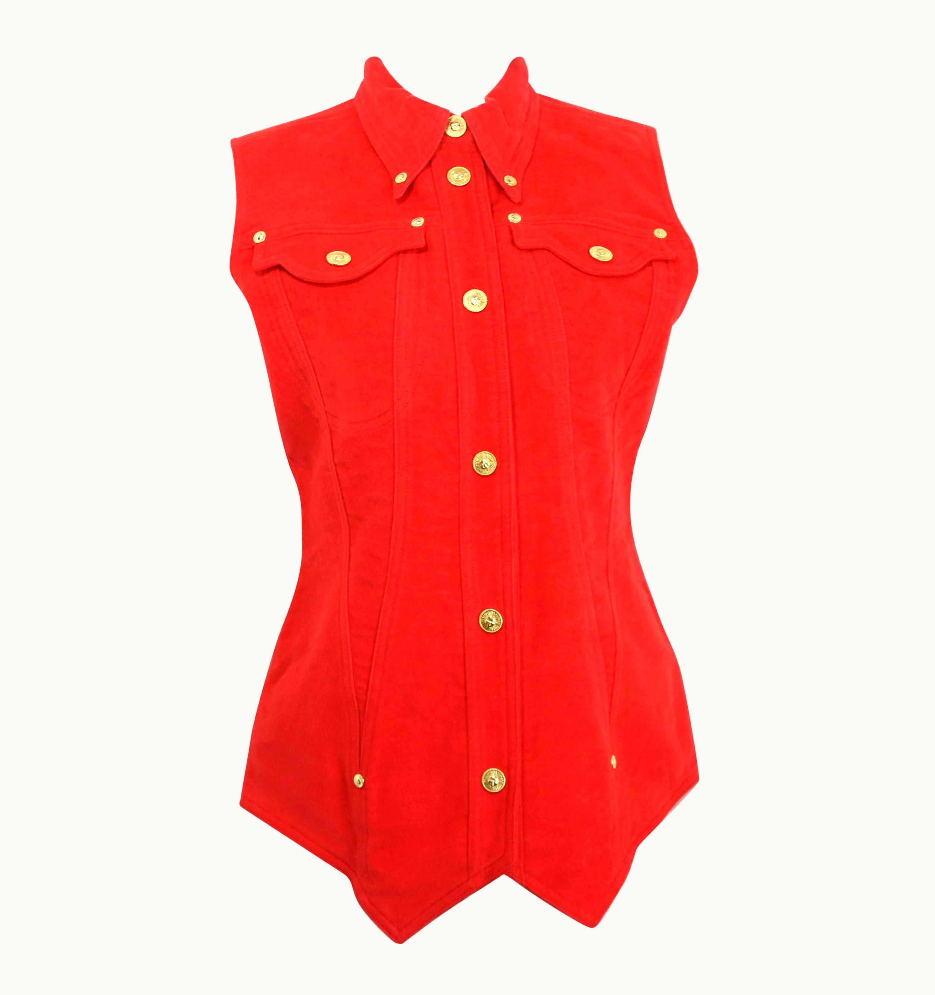 Gianni Versace Couture 90s Gianni Versace Jeans Couture Red Cotton Collar Vest