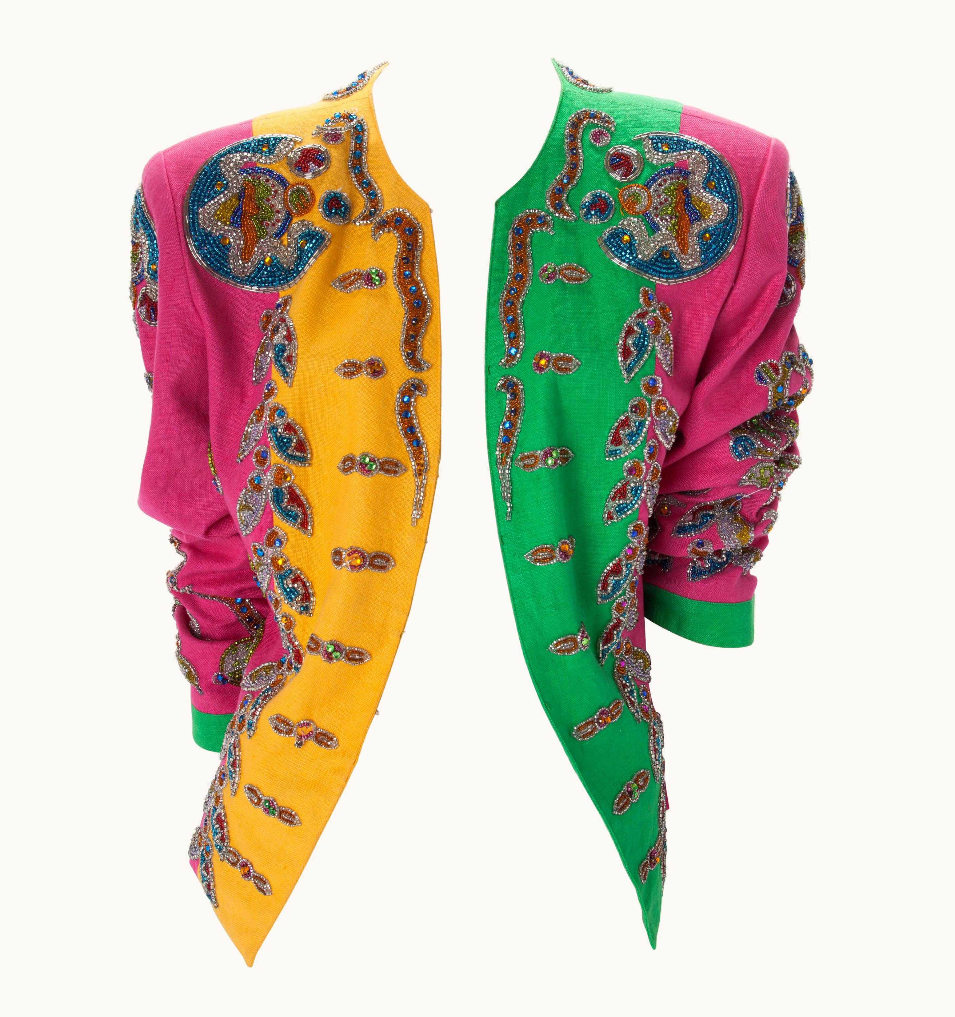 Gianni Versace Couture Attributed To Gianni Versace Colorblock Linen Jacket With Beading, C