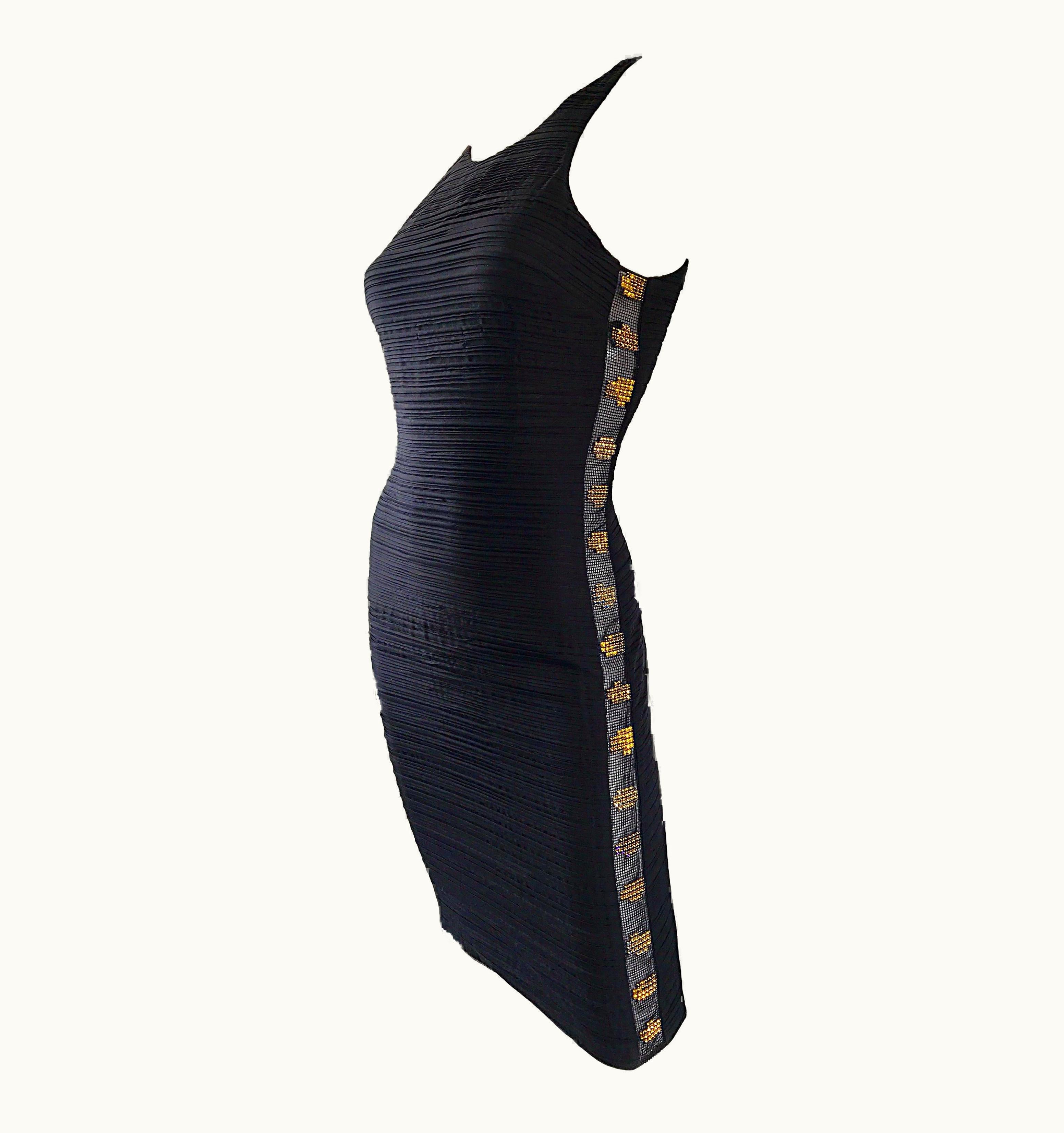 Gianni Versace Couture 1990s Gianni Versace Black Silk Side Cut Out Rhinestone Bodycon Vintage Dress
