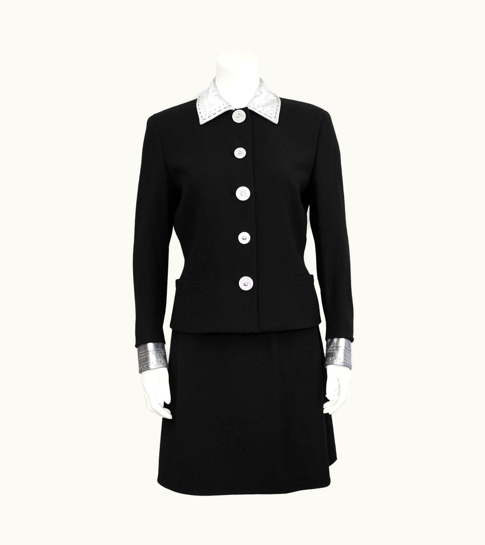 Gianni Versace Couture 1990s Gianni Versace Black Skirt Suit With Silver Leather Accents