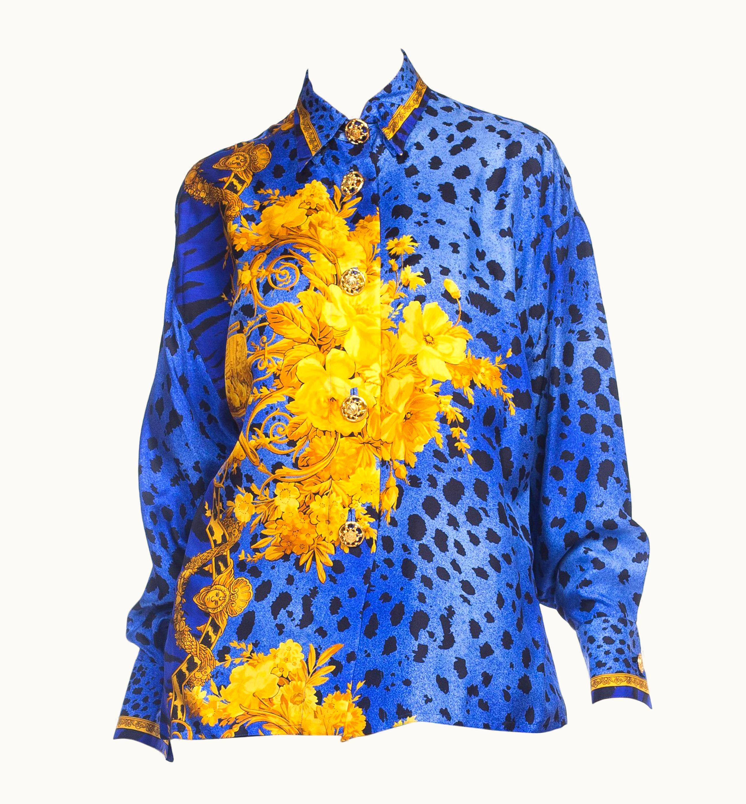 Gianni Versace Couture 1990s Gianni Versace Blue Silk Baroque Leopard Print Shirt With Gold Buttons