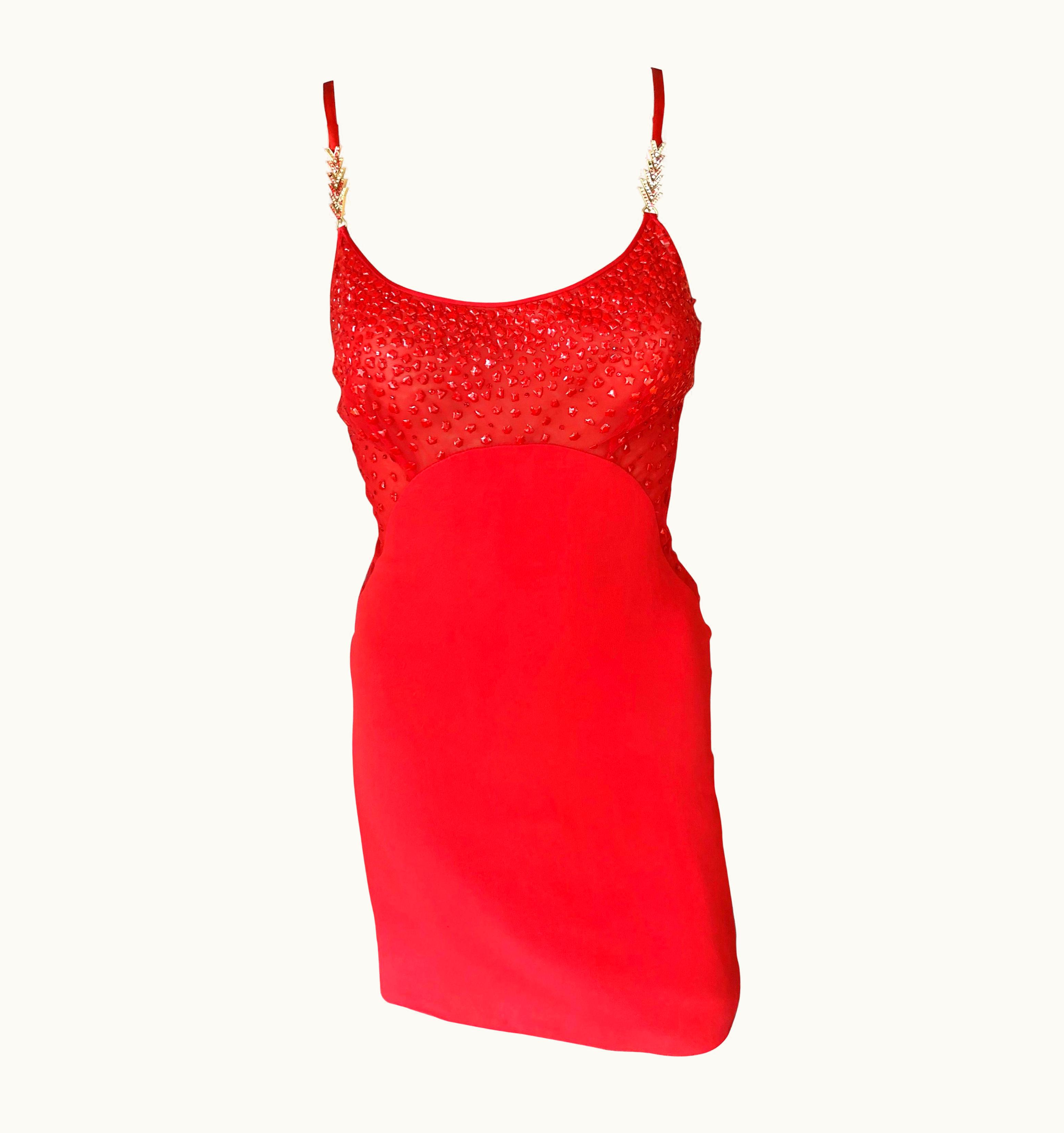 Gianni Versace Couture Gianni Versace AW 1996 Runway Vintage Embellished Sheer Red Evening Mini Dress