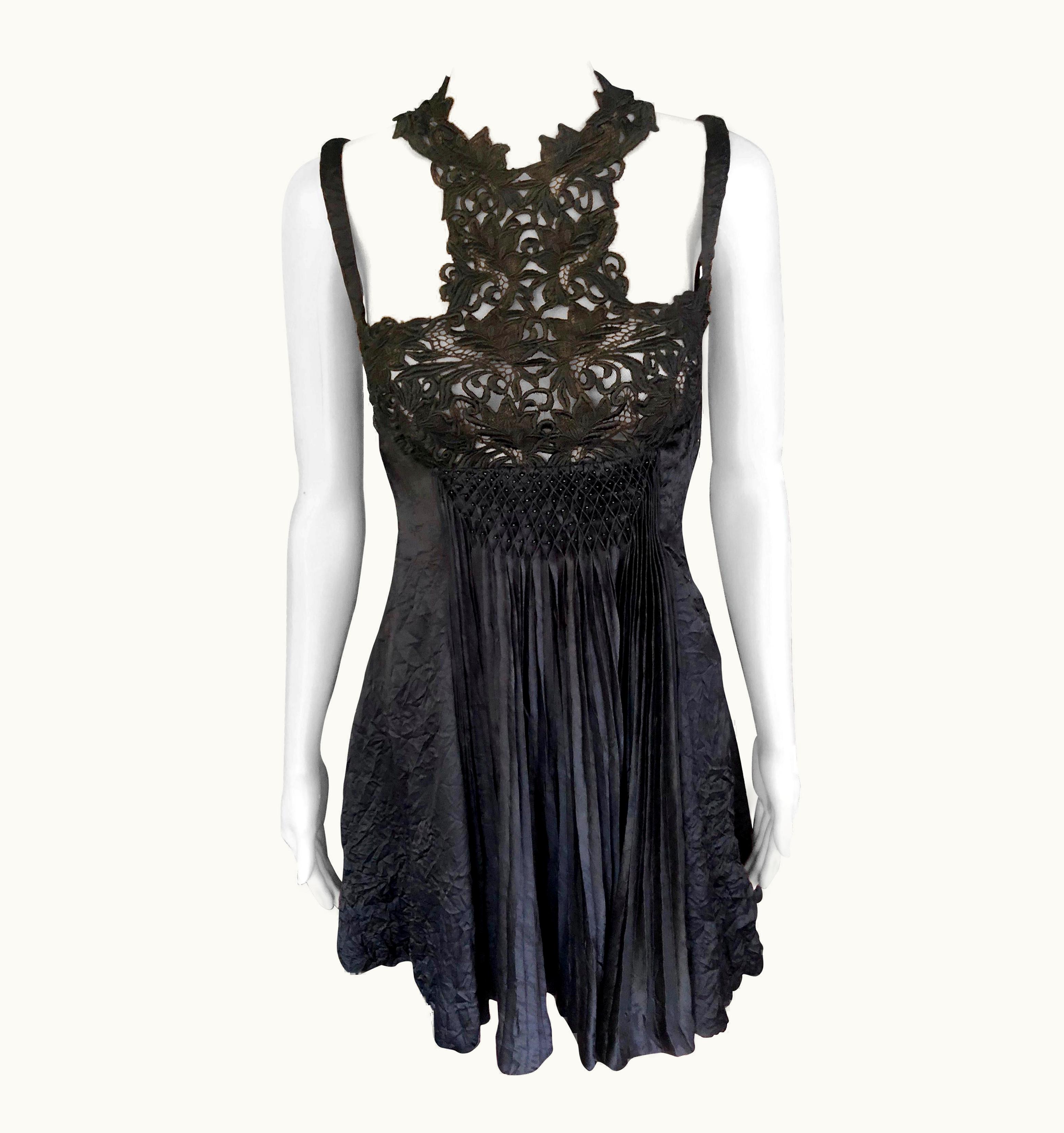 Gianni Versace Couture Gianni Versace S/S 1994 Runway Couture Vintage Crinkle Silk Lace Black Dress