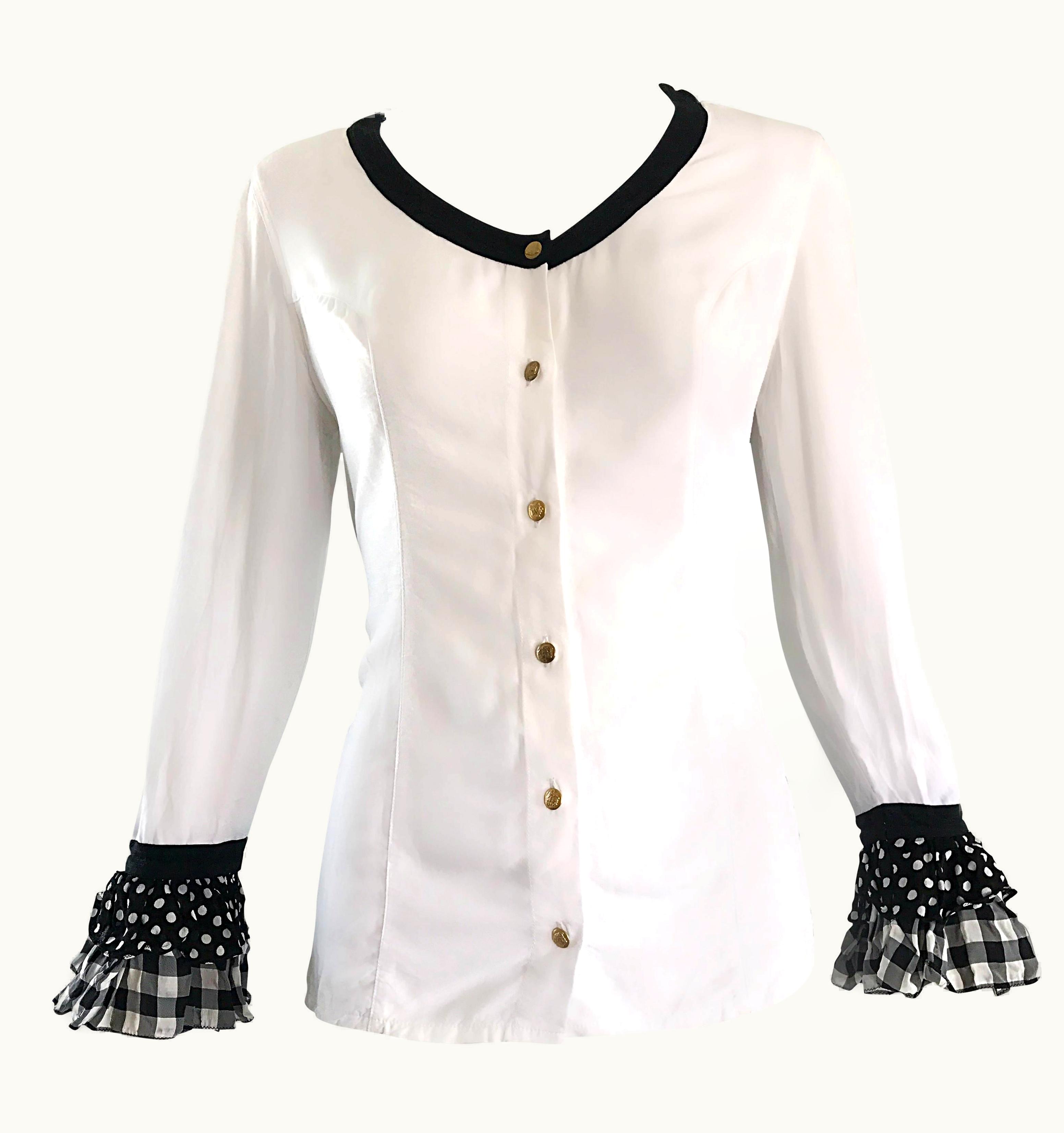Gianni Versace Couture Vintage Gianni Versace 1990s Black And White Polka Dot Plaid 90s Blouse Top Rare