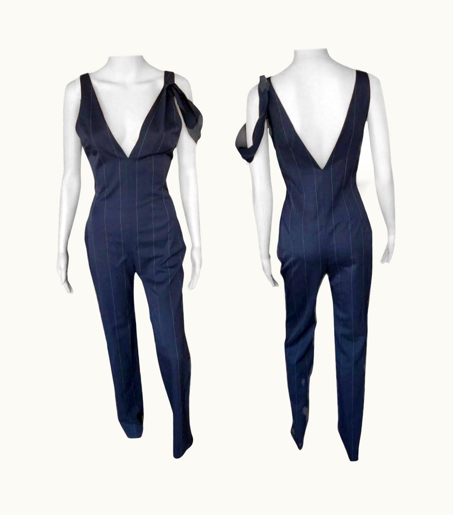 Gianni Versace Couture Gianni Versace AW 1998 Vintage Pinstriped Plunging Open Back Jumpsuit