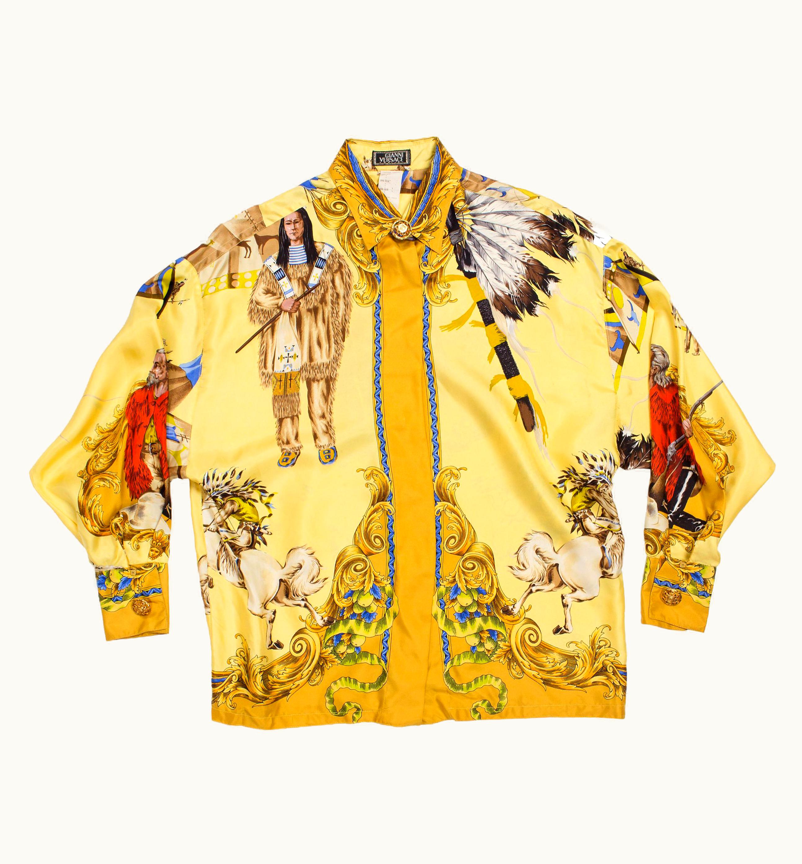 Gianni Versace Couture 1990s Gianni Versace Pale Yellow Silk Buffalo Bill Native American Print Shirt
