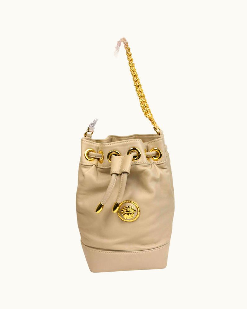 Gianni Versace Couture Gianni Versace Medusa Light Grey Leather Drawstring Mini Bucket Handbag
