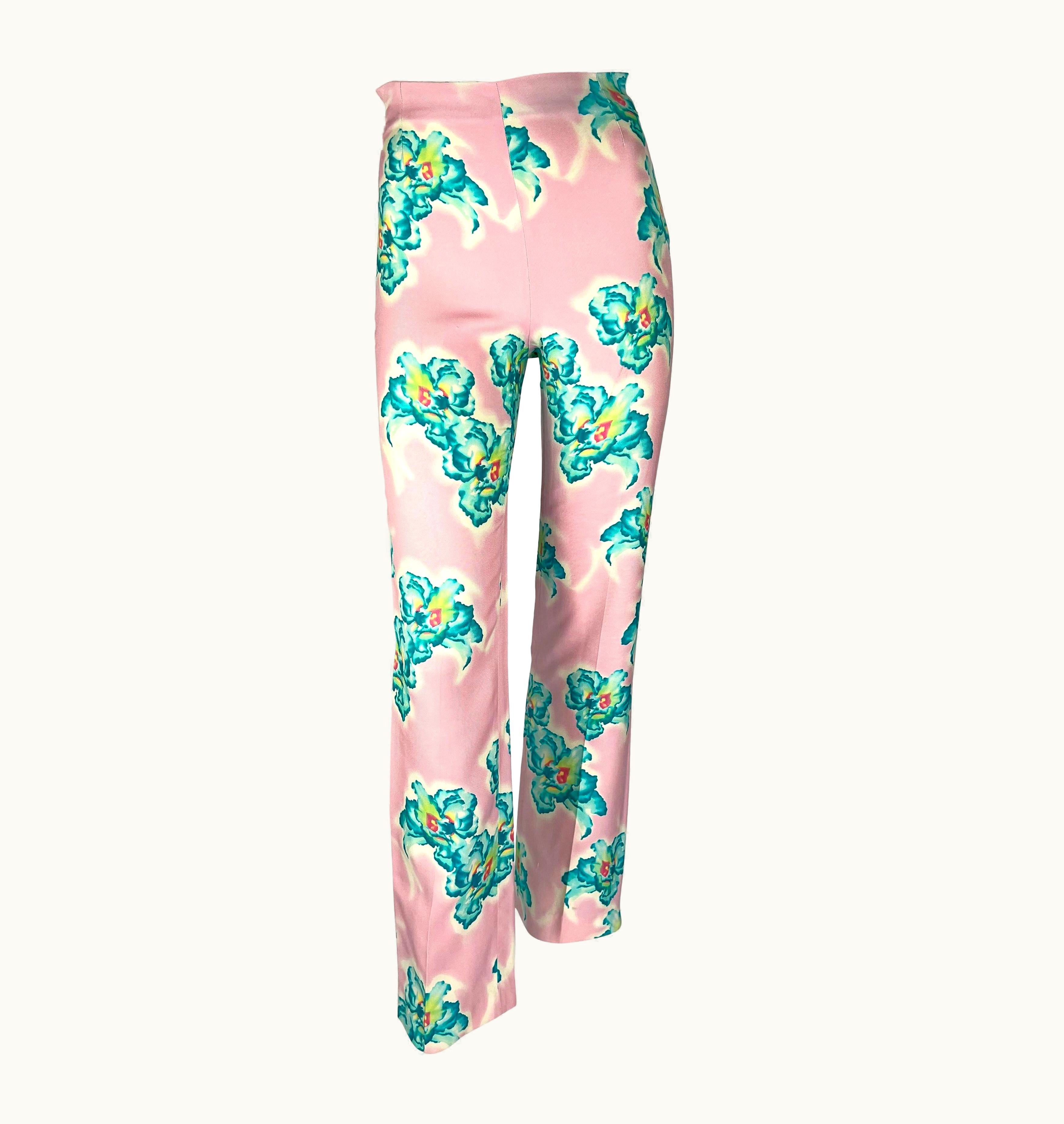 Gianni Versace Couture S/S 1999 Gianni Versace By Donatella Pink Blue Orchid Print Silk Cropped Pants