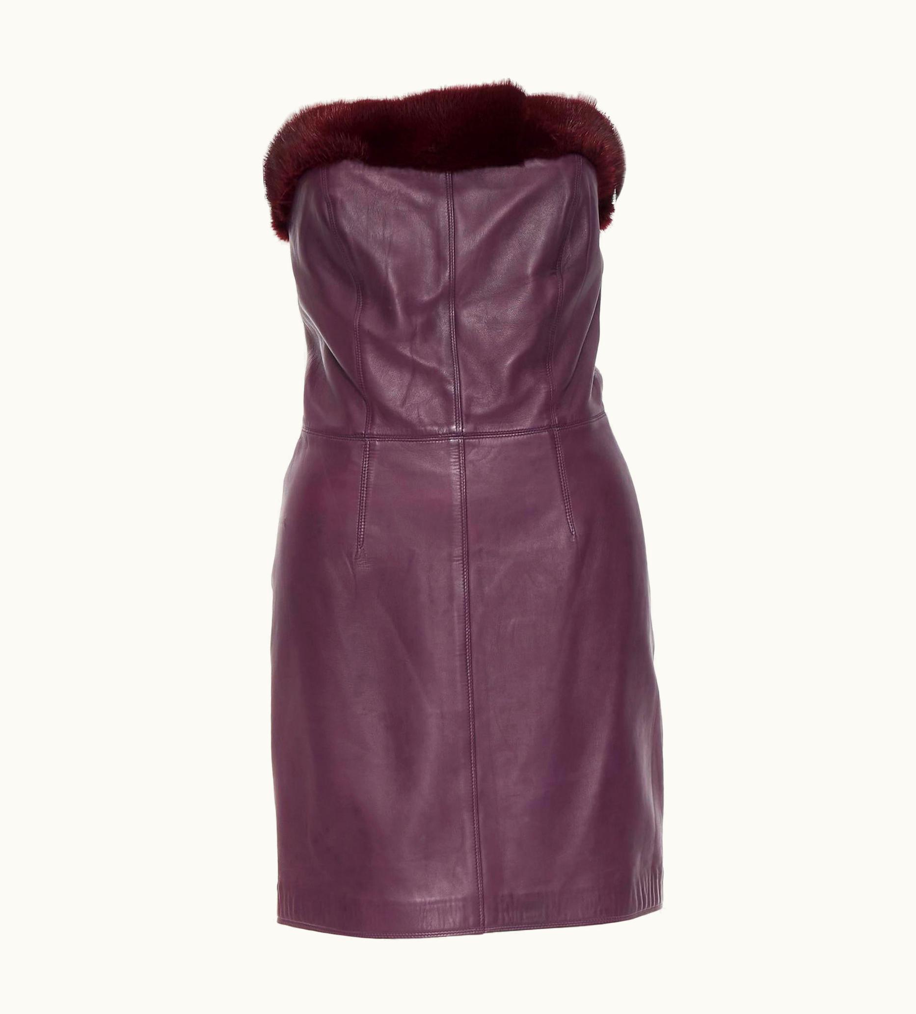 Gianni Versace Couture Vintage Gianni Versace 1997 Purple Leather Fur Trim Strapless Mini Dress