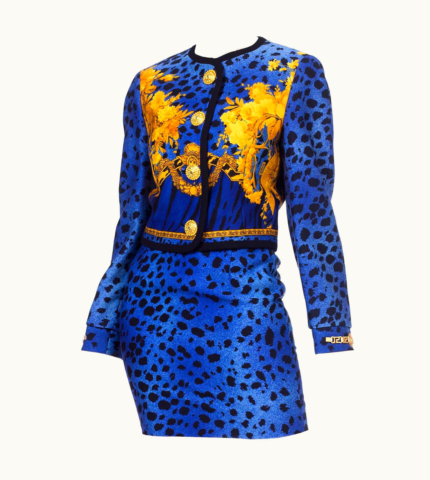 Gianni Versace Couture 1990s Gianni Versace Blue Baroque Leopard Print Skirt Suit With Gold Chain Har