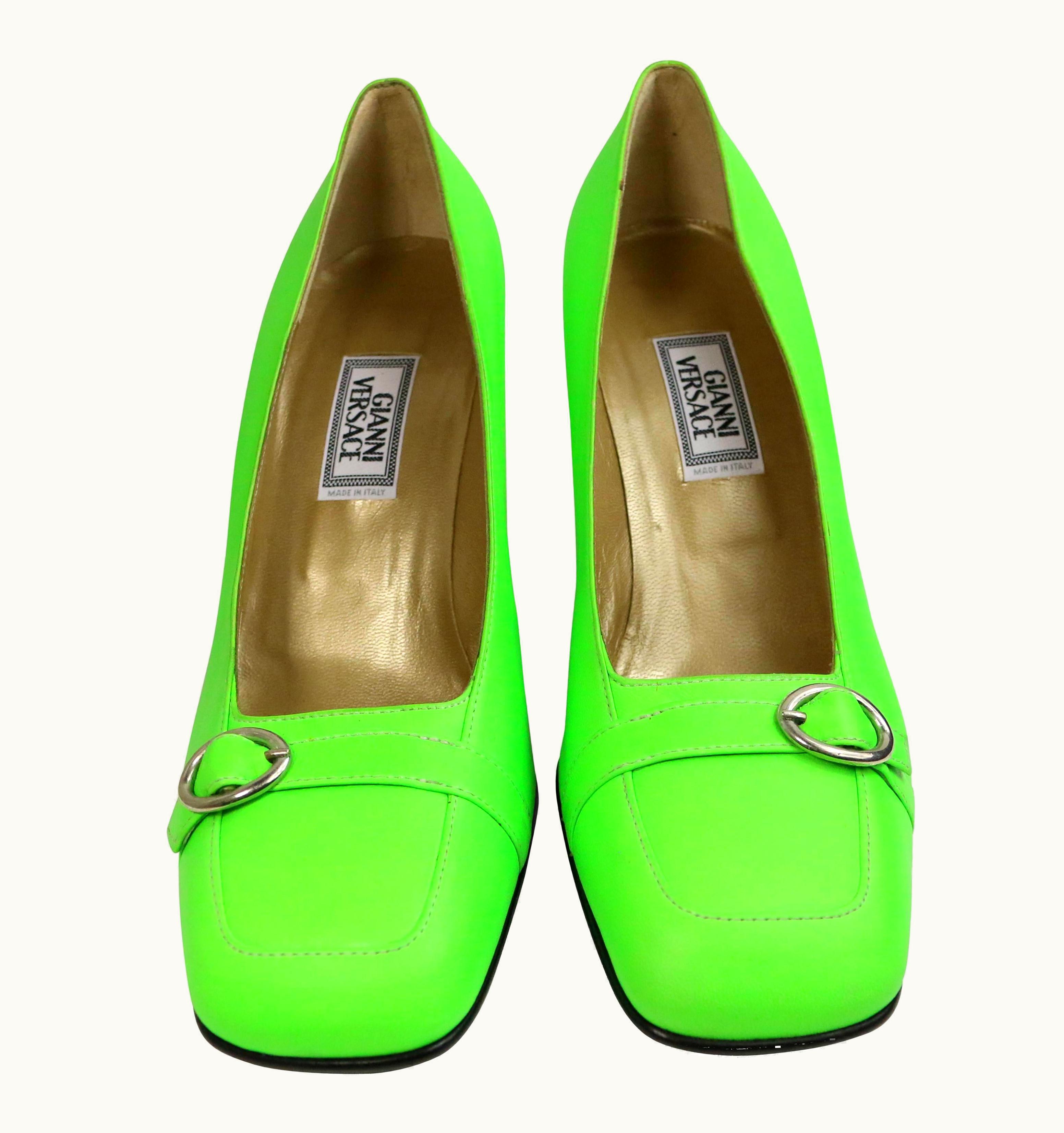 Gianni Versace Couture Gianni Versace Neon Green Leather Square Toe Heels