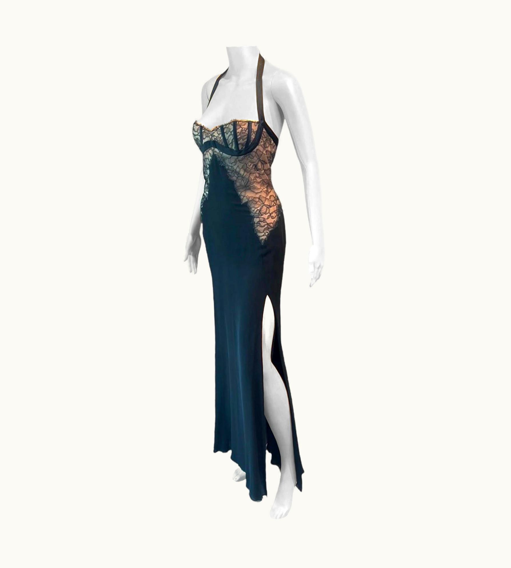 Gianni Versace Couture Gianni Versace S/S 1992 Bustier Lace Bra Sheer Panels Slit Evening Dress Gown