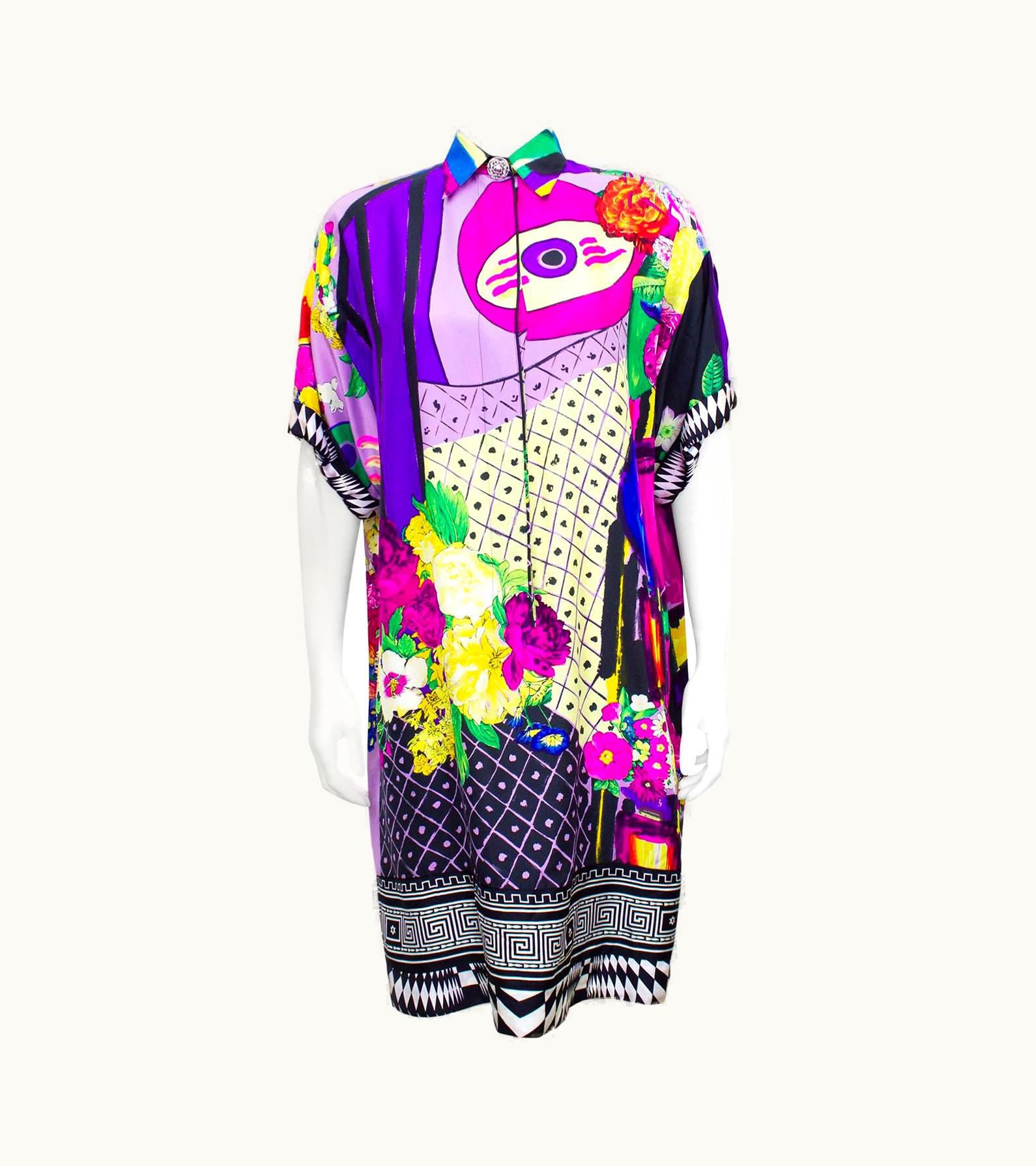 Gianni Versace Couture 1990s Gianni Versace Couture Multi Colour Silk Shirt Dress