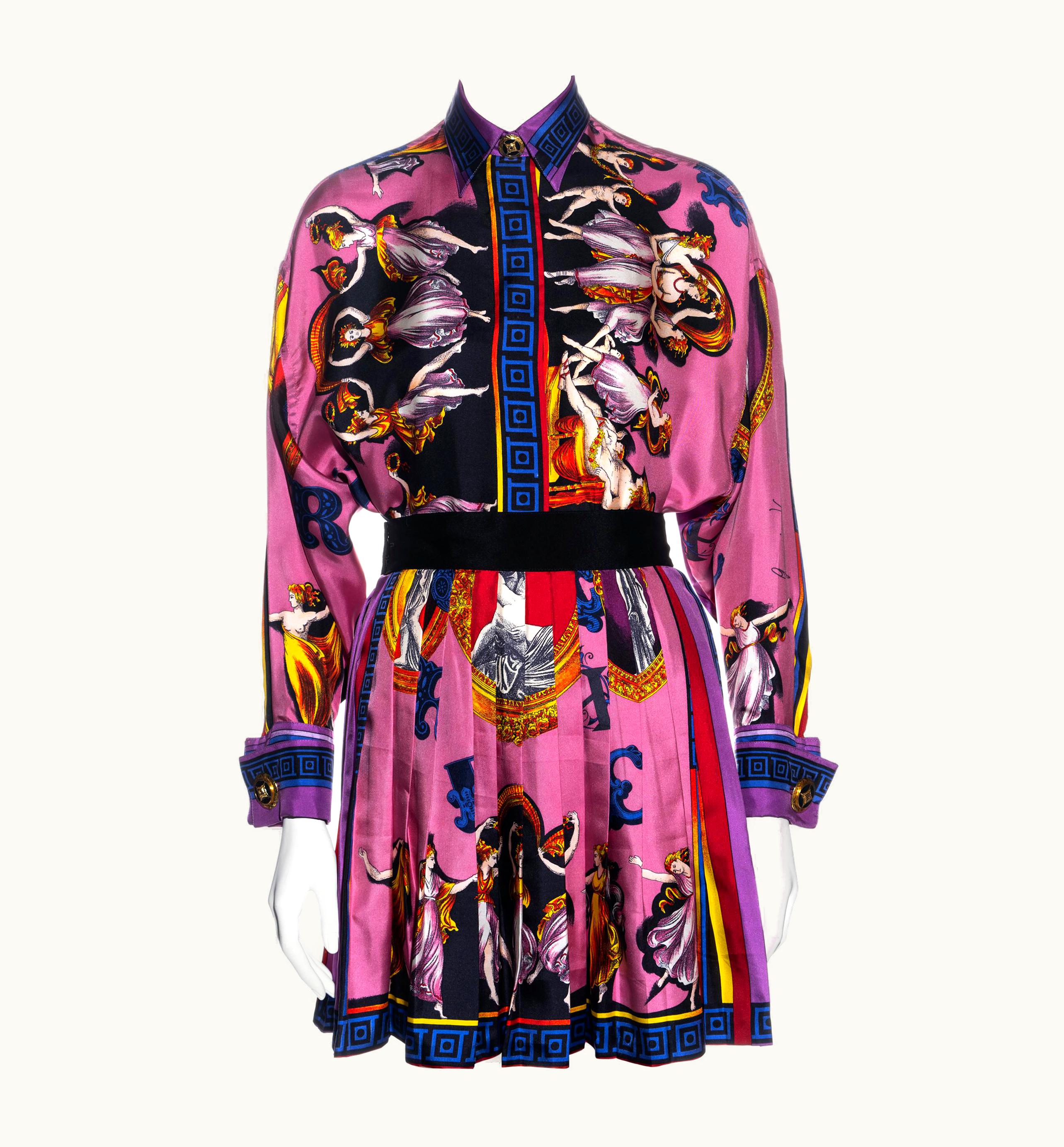 Gianni Versace Couture Gianni Versace Pink Neoclassical Printed Silk Pleated Mini Skirt Suit, AW 1991