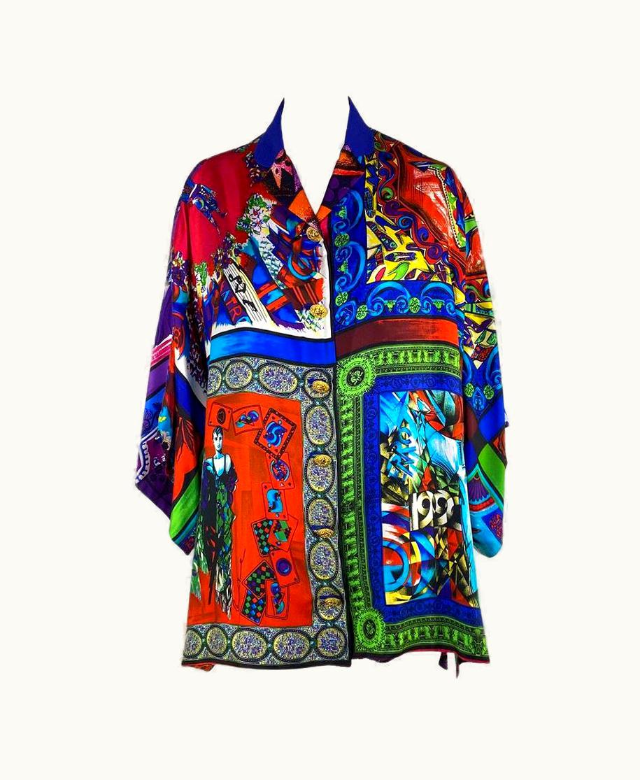 Gianni Versace Couture S/S 1991 Gianni Versace Runway Silk Pop Art Print Multicolor Tunic Button Up Top